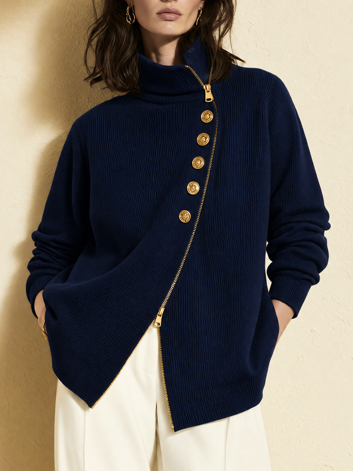 Navy Blue Asymmetric Zip Front Wool Knit Cardigan