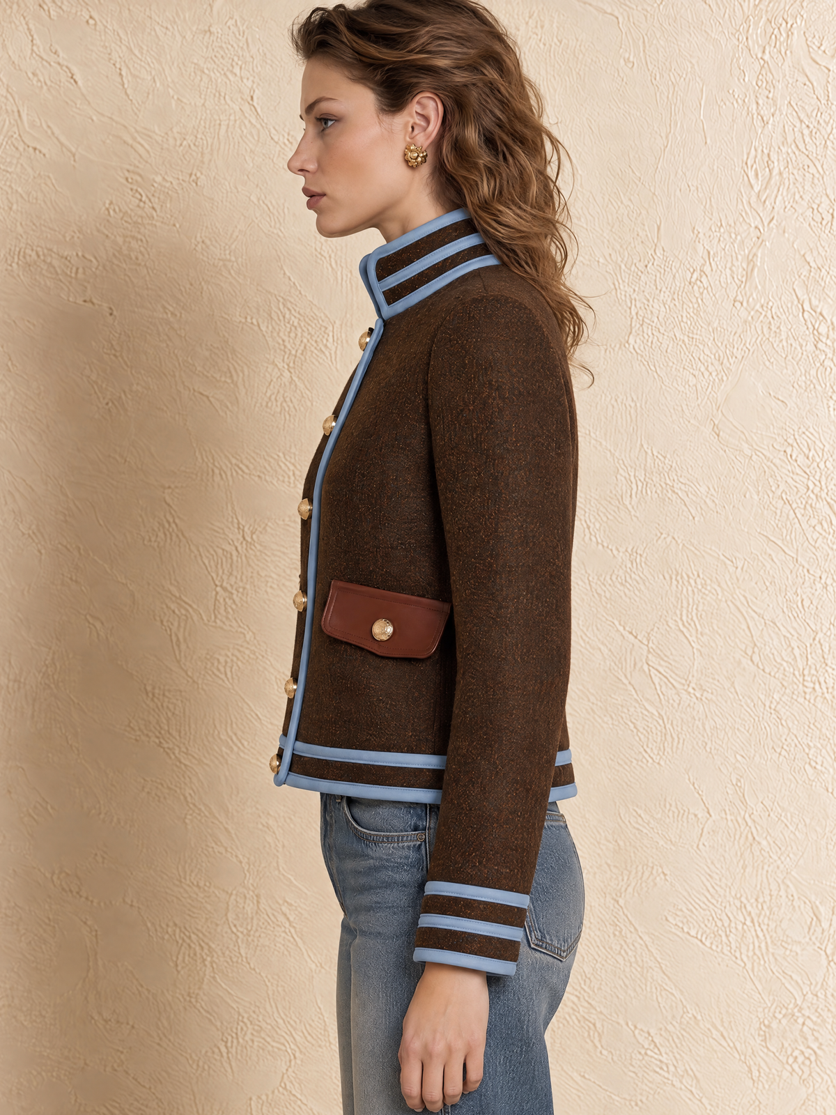 Brown And Blue Contrast Trim Tweed Jacket