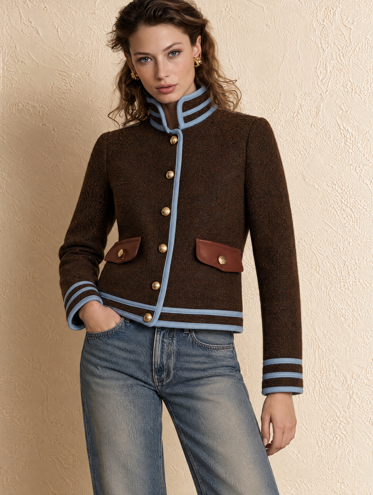 Brown And Blue Contrast Trim Tweed Jacket