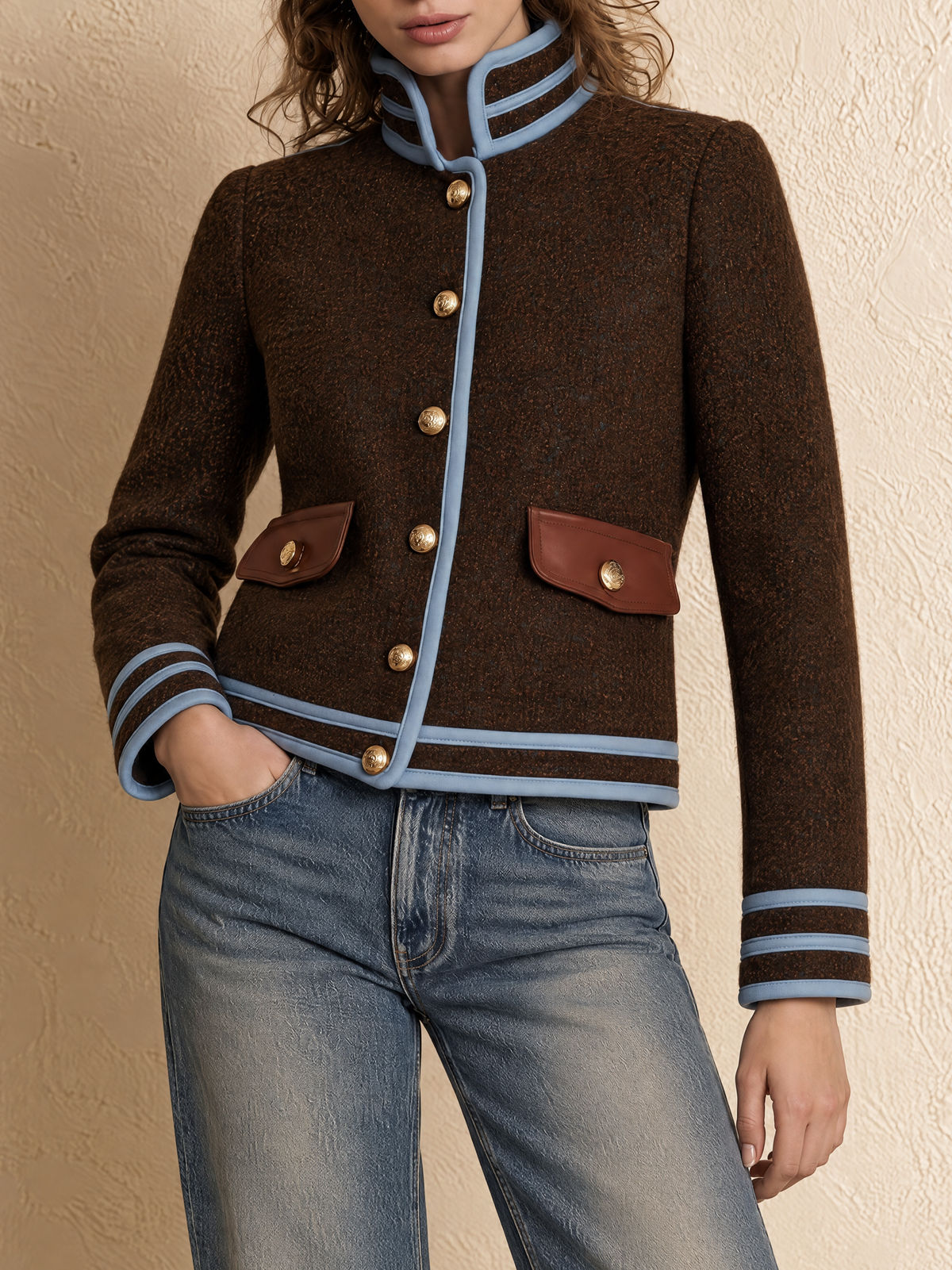 Brown And Blue Contrast Trim Tweed Jacket