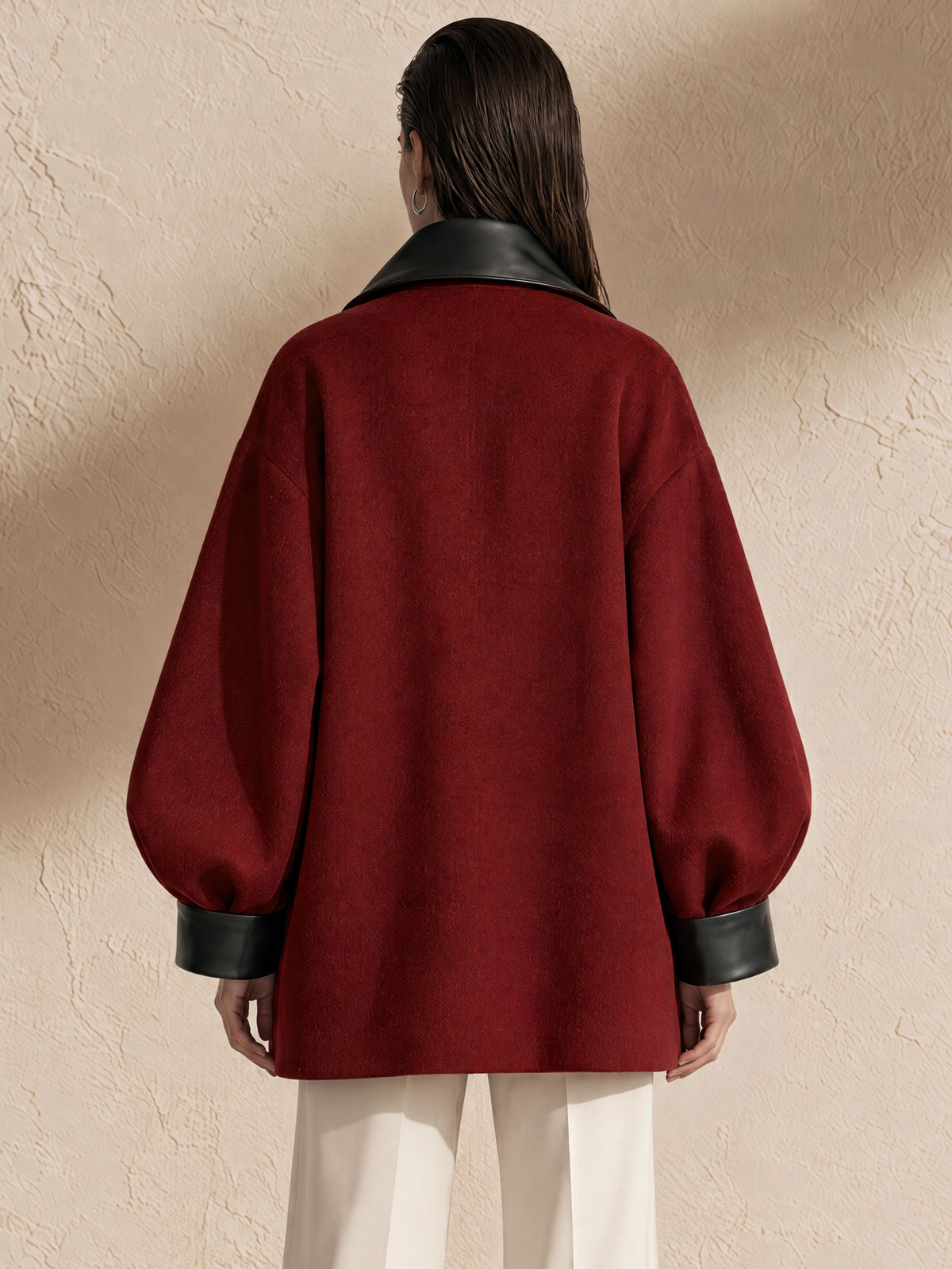 Burgundy And Black PU Leather Panel Lapel Woolen Coat