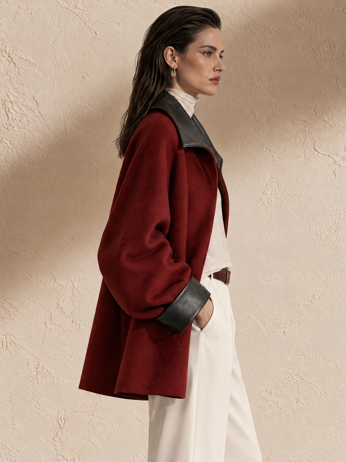 Burgundy And Black PU Leather Panel Lapel Woolen Coat