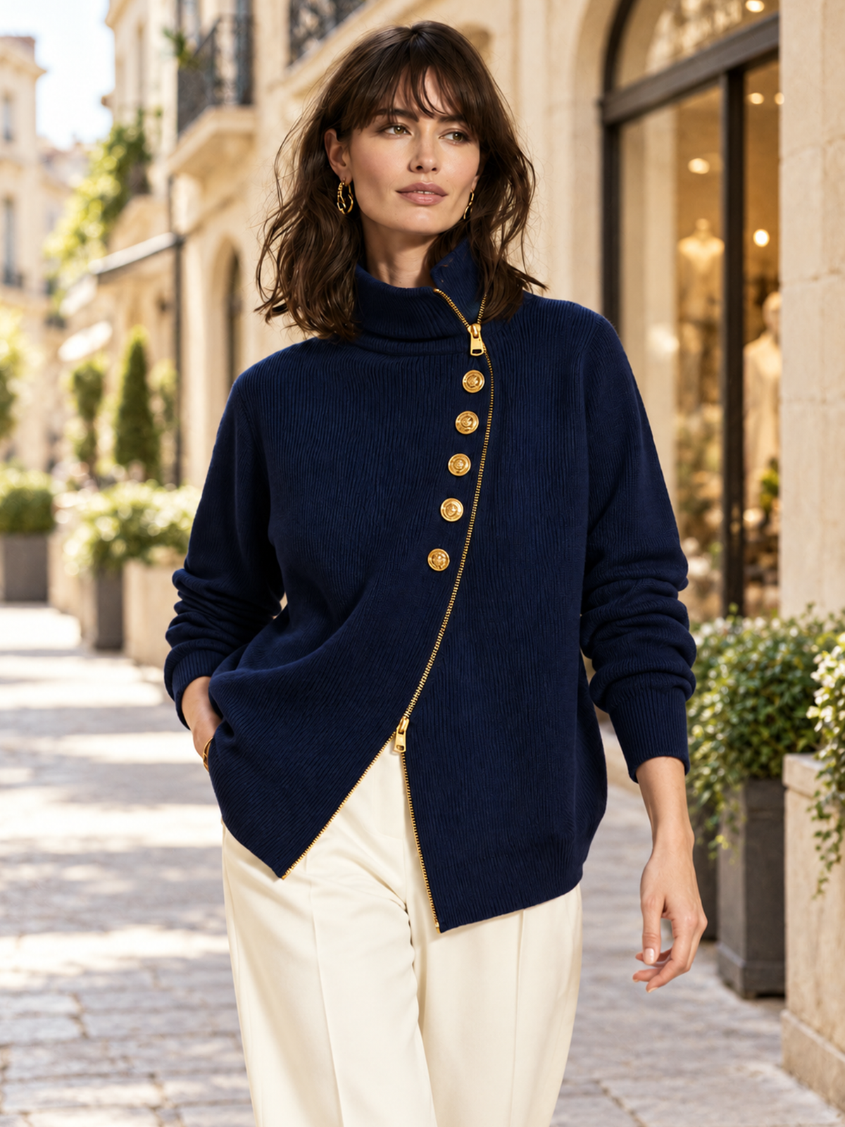 Navy Blue Asymmetric Zip Front Wool Knit Cardigan
