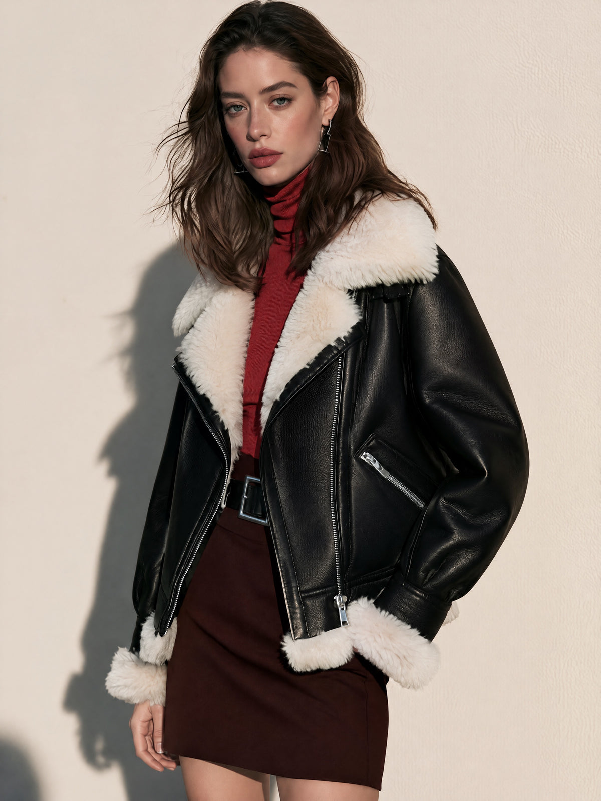 Shearling Collar Leather Biker Jacket