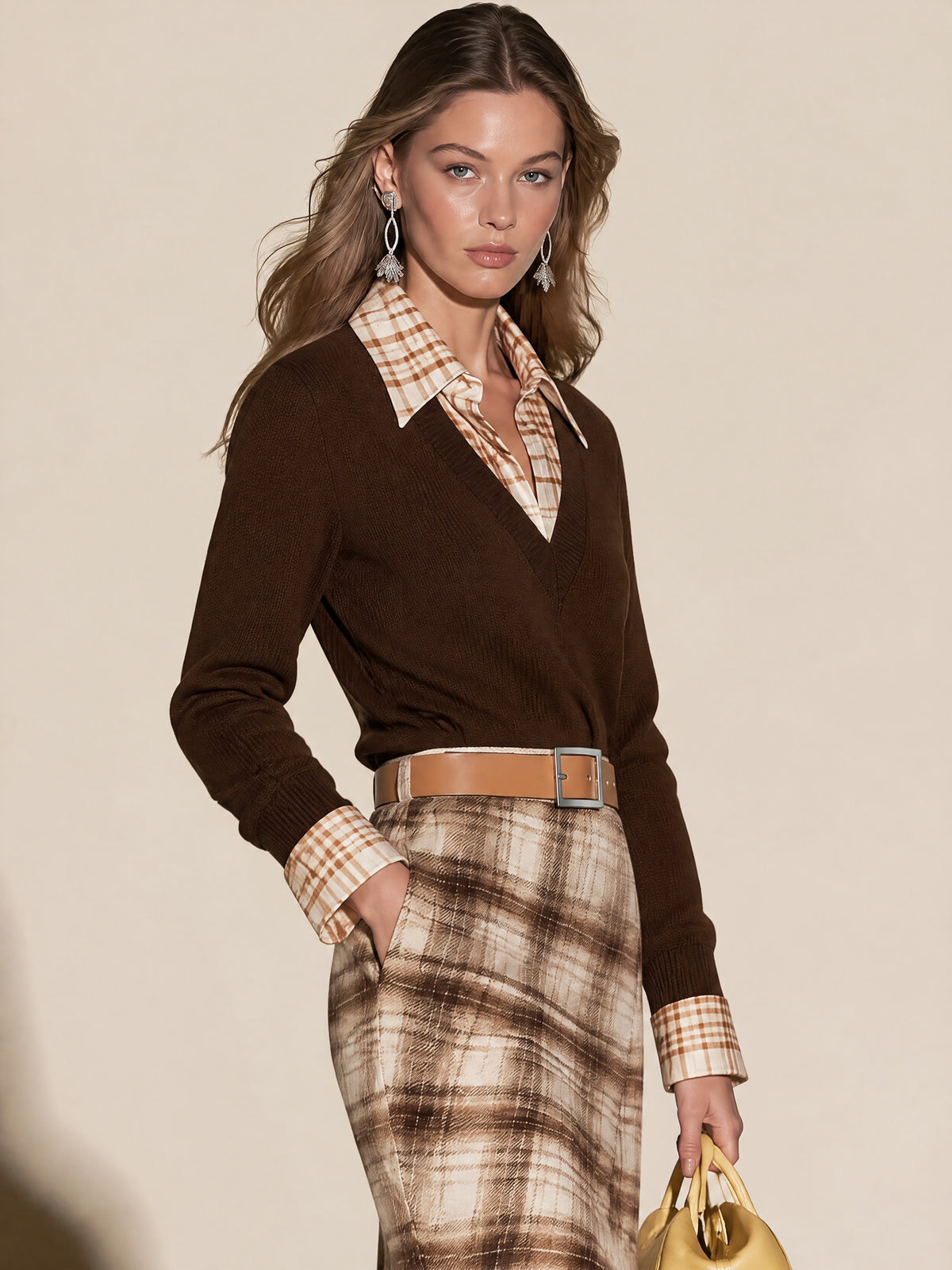 Plaid Collar Faux Two-Piece V Neck Sweater