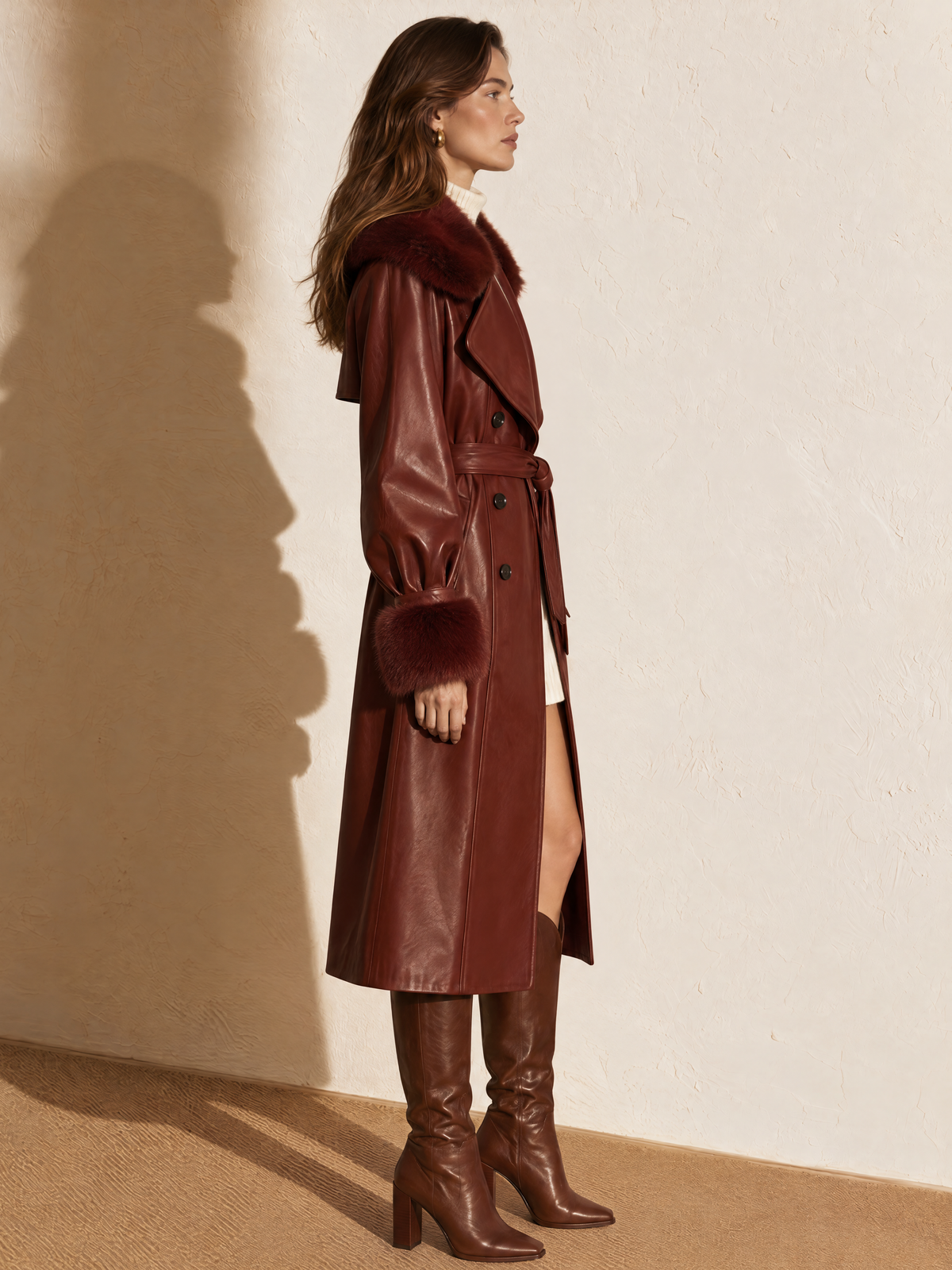 Reddish Brown Fur Collar PU Leather Coat
