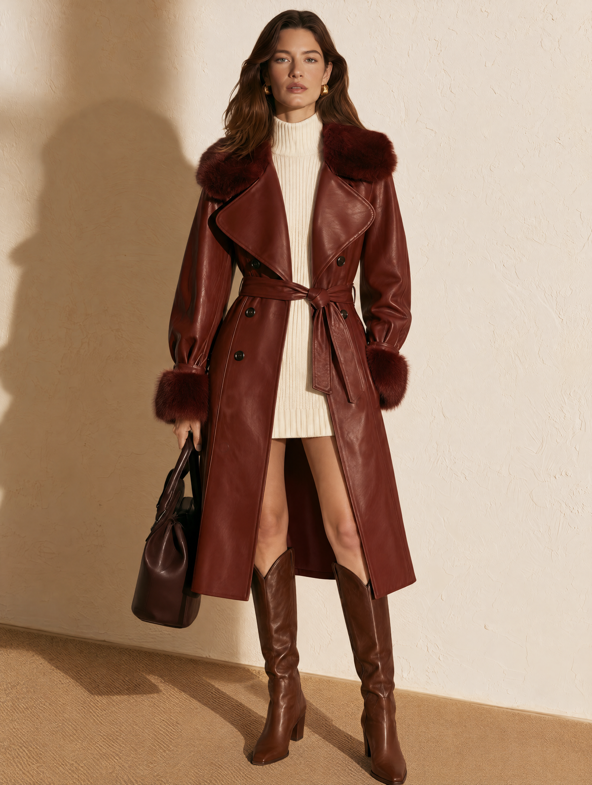 Reddish Brown Fur Collar PU Leather Coat