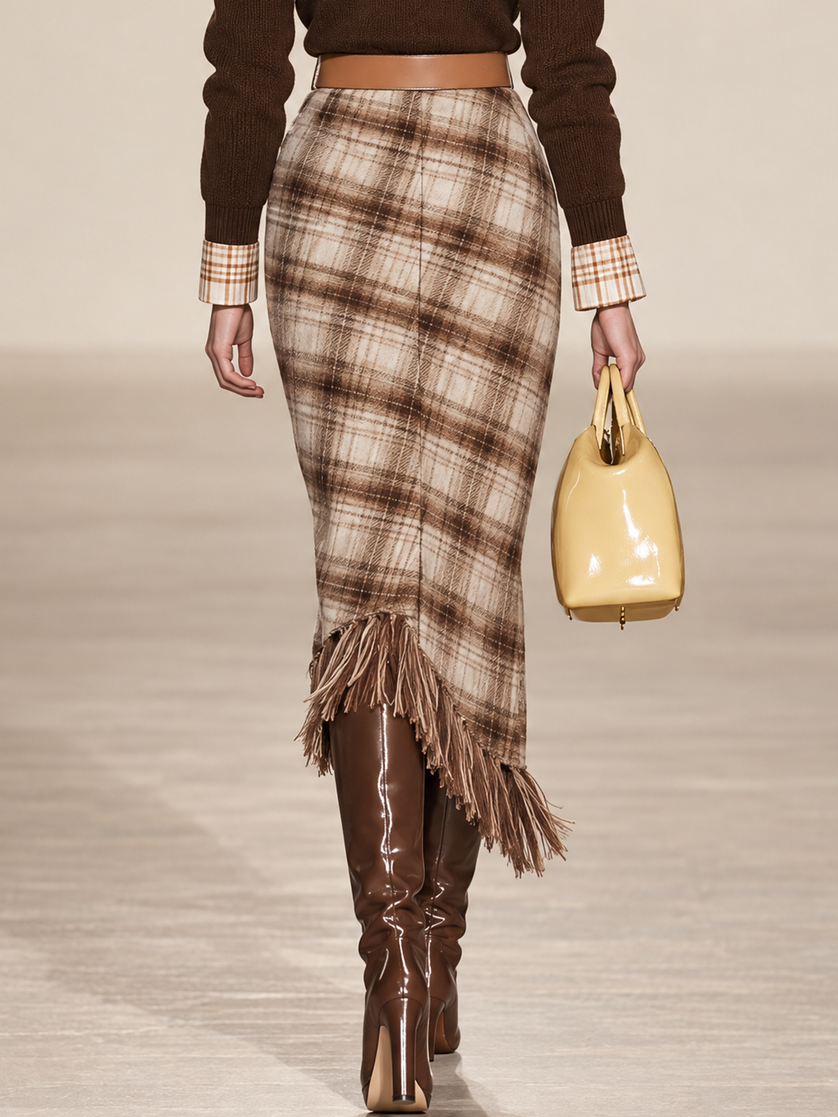 Earth Tone Plaid Fringe Midi Skirt