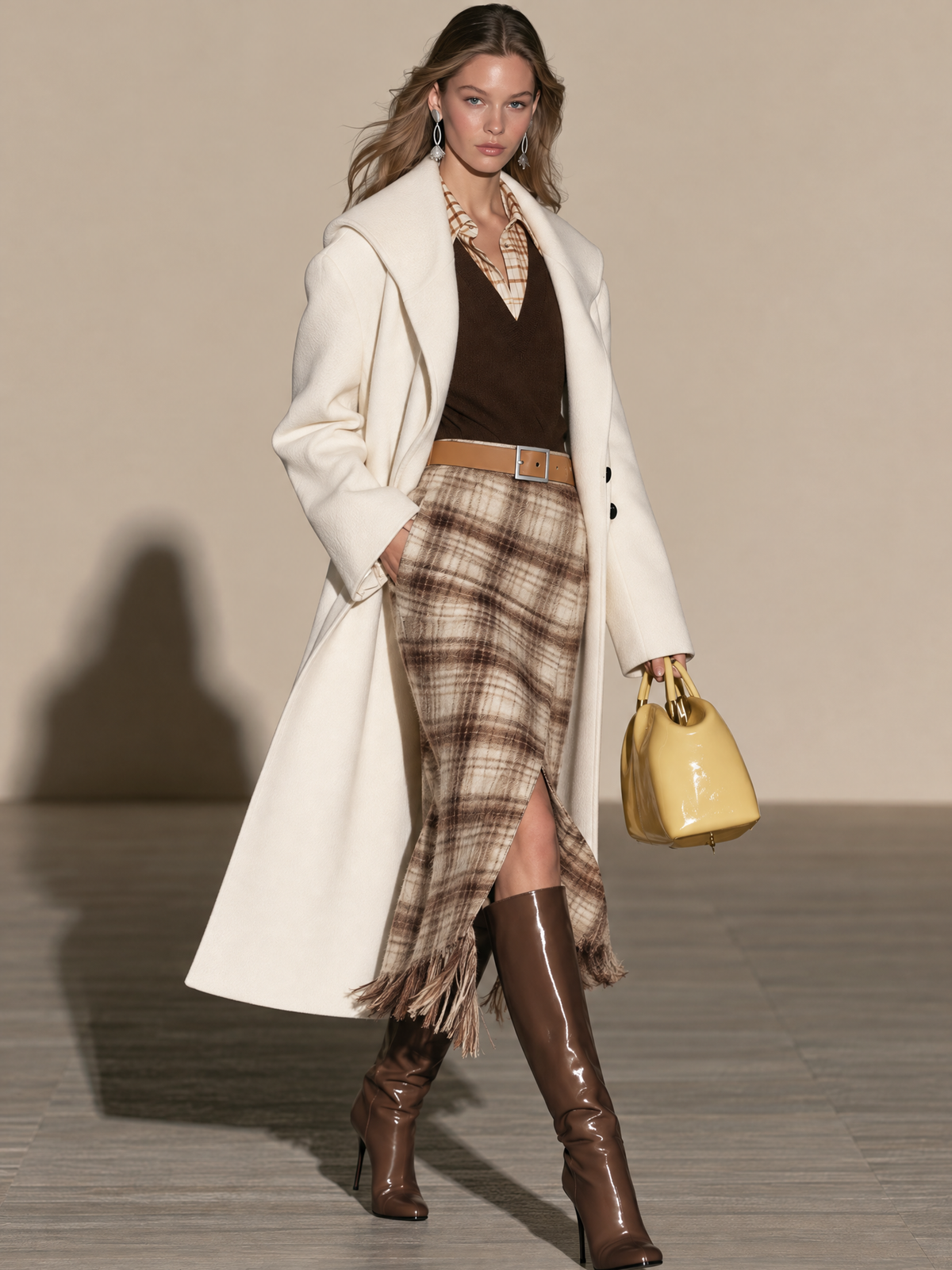 Wide Lapel Cream Long Wool Coat
