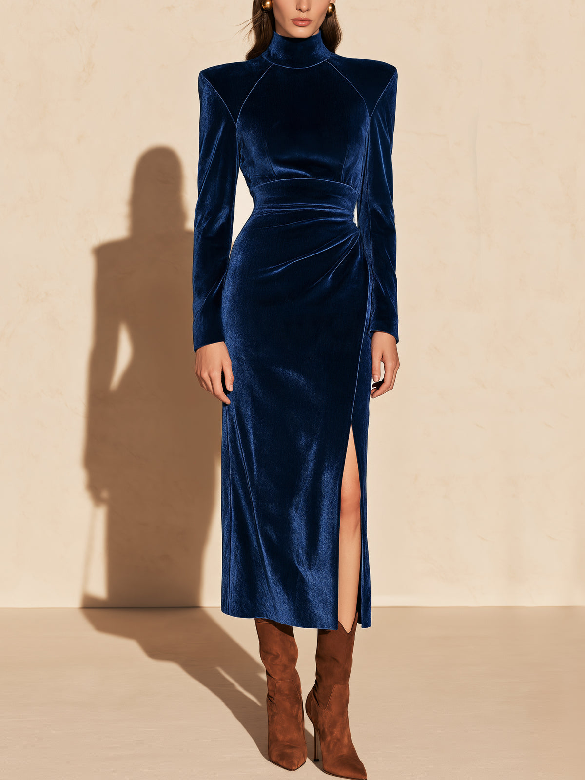 Navy Velvet Mock Neck Long Sleeve Midi Dress