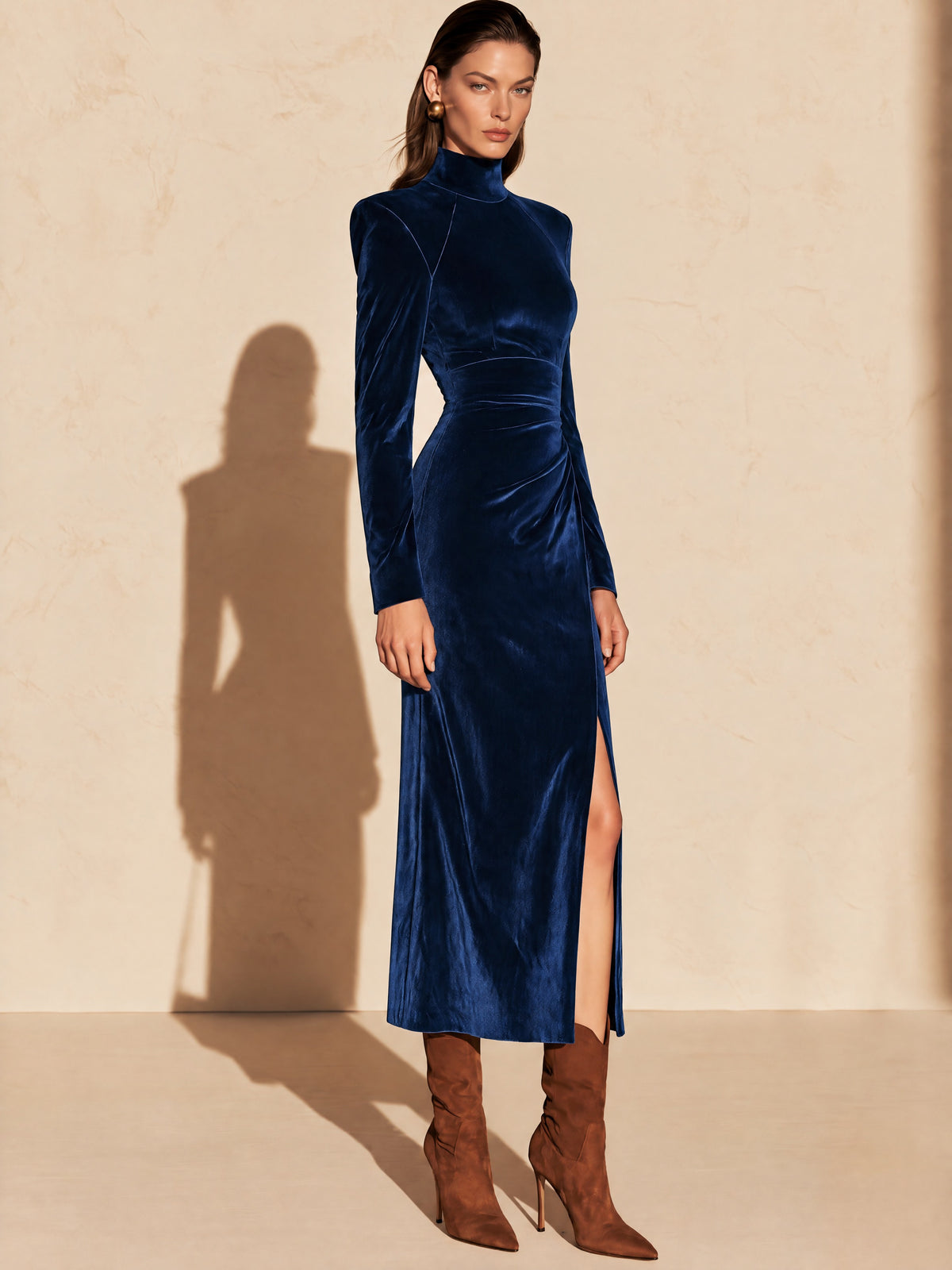 Navy Velvet Mock Neck Long Sleeve Midi Dress