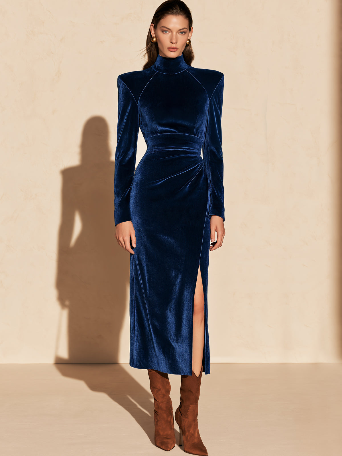 Navy Velvet Mock Neck Long Sleeve Midi Dress