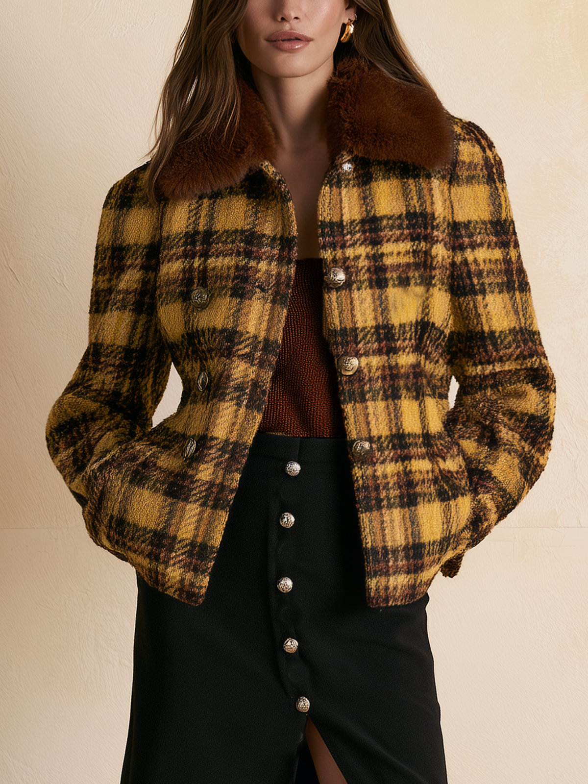 Yellow And Brown Plaid Fur Collar Tweed Jacket