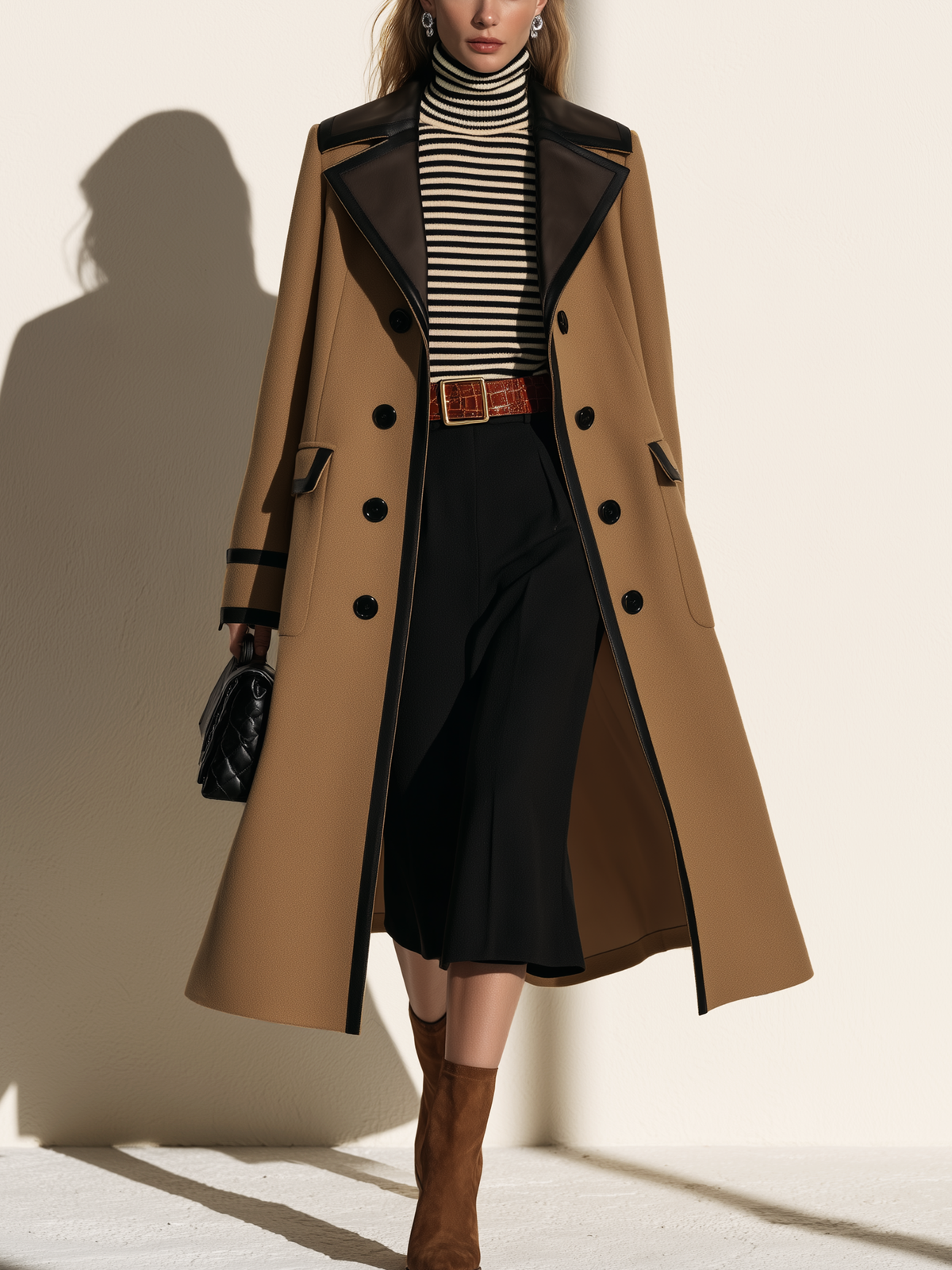 Camel Leather Trim Double Breasted Long Coat