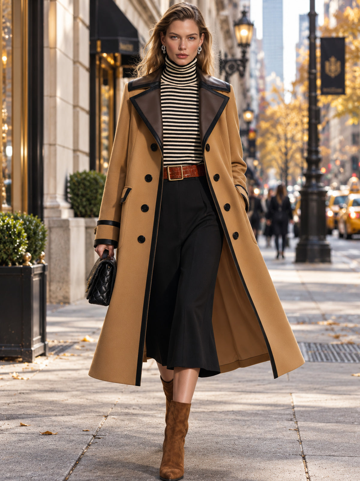 Camel Leather Trim Double Breasted Long Coat
