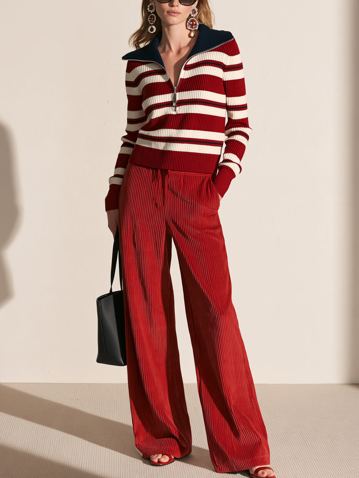 Red Striped Top & Corduroy Wide Leg Pant Knit Set