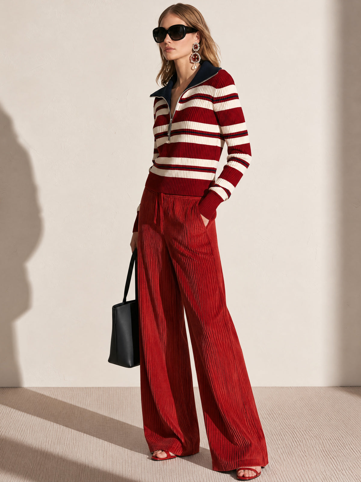 Red Striped Top & Corduroy Wide Leg Pant Knit Set