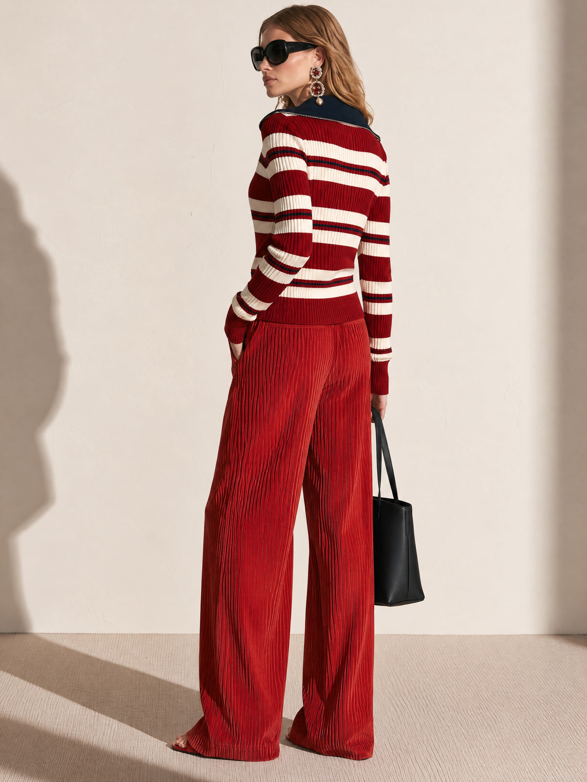 Red Striped Top & Corduroy Wide Leg Pant Knit Set