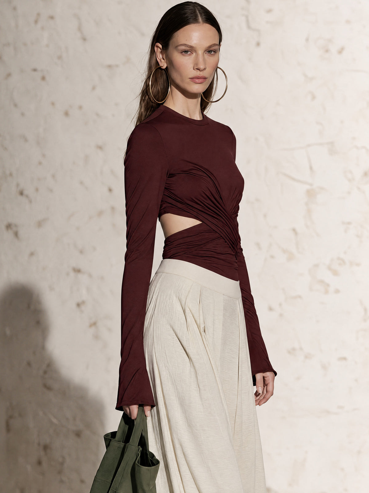 Burgundy Cross Wrap Long Sleeve Knit Top