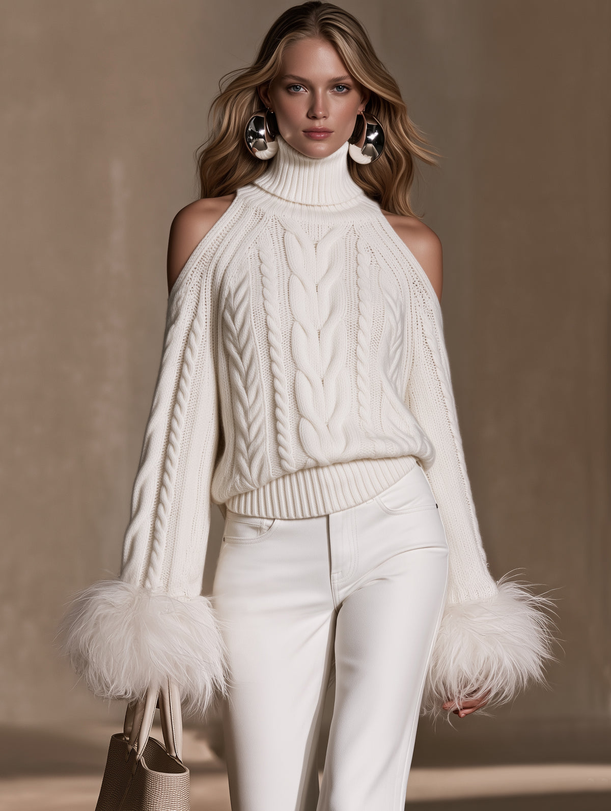 Ivory Turtleneck Cable Knit Feather Cuffs Sweater