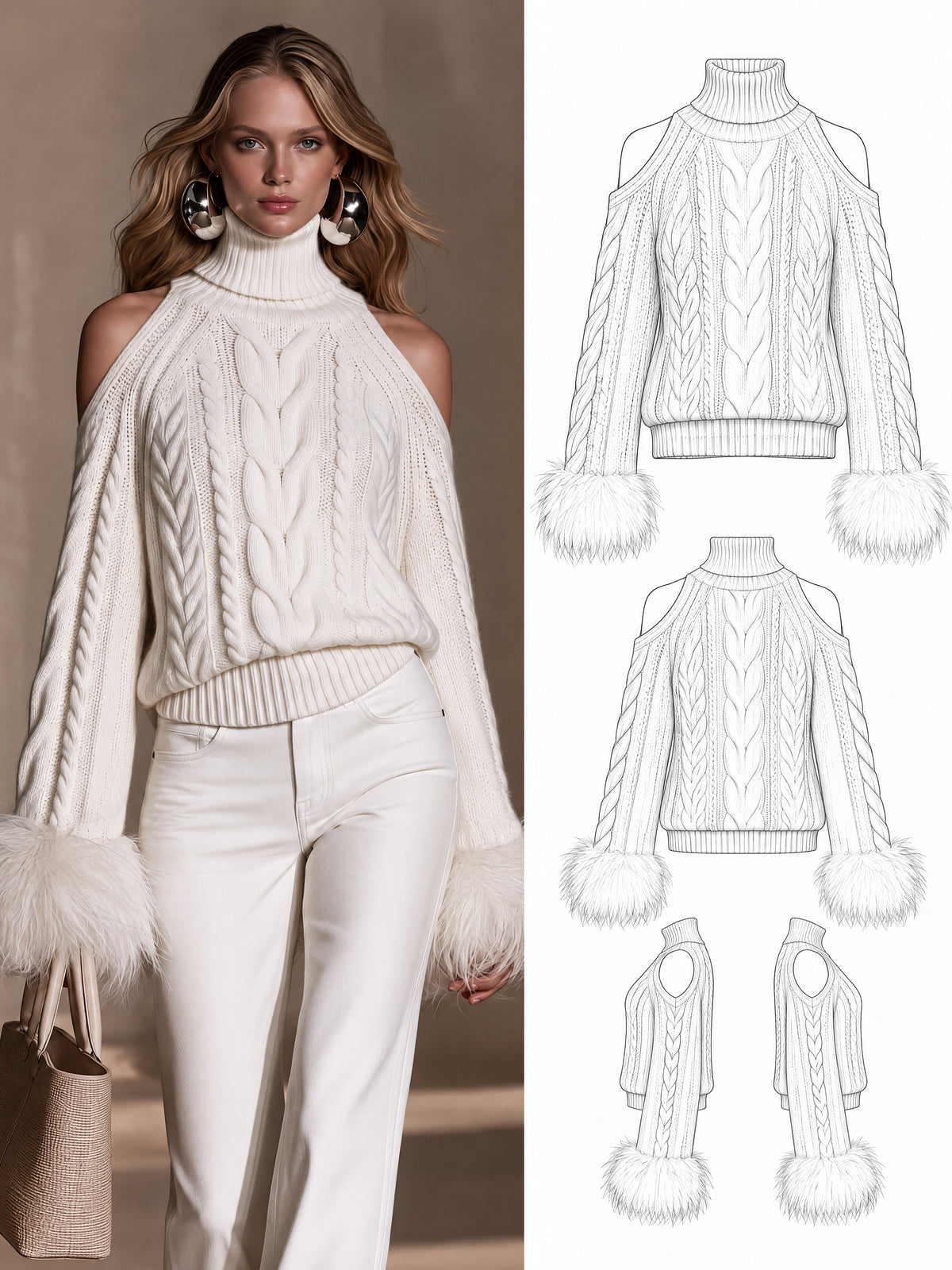 Ivory Turtleneck Cable Knit Feather Cuffs Sweater
