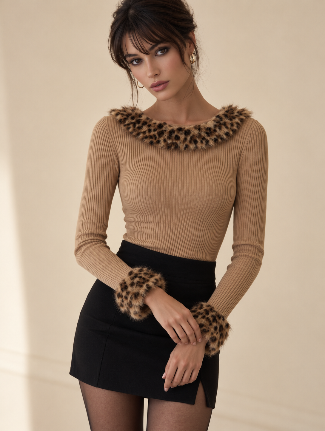Leopard Fur Collar Camel Ribbed Knit Top