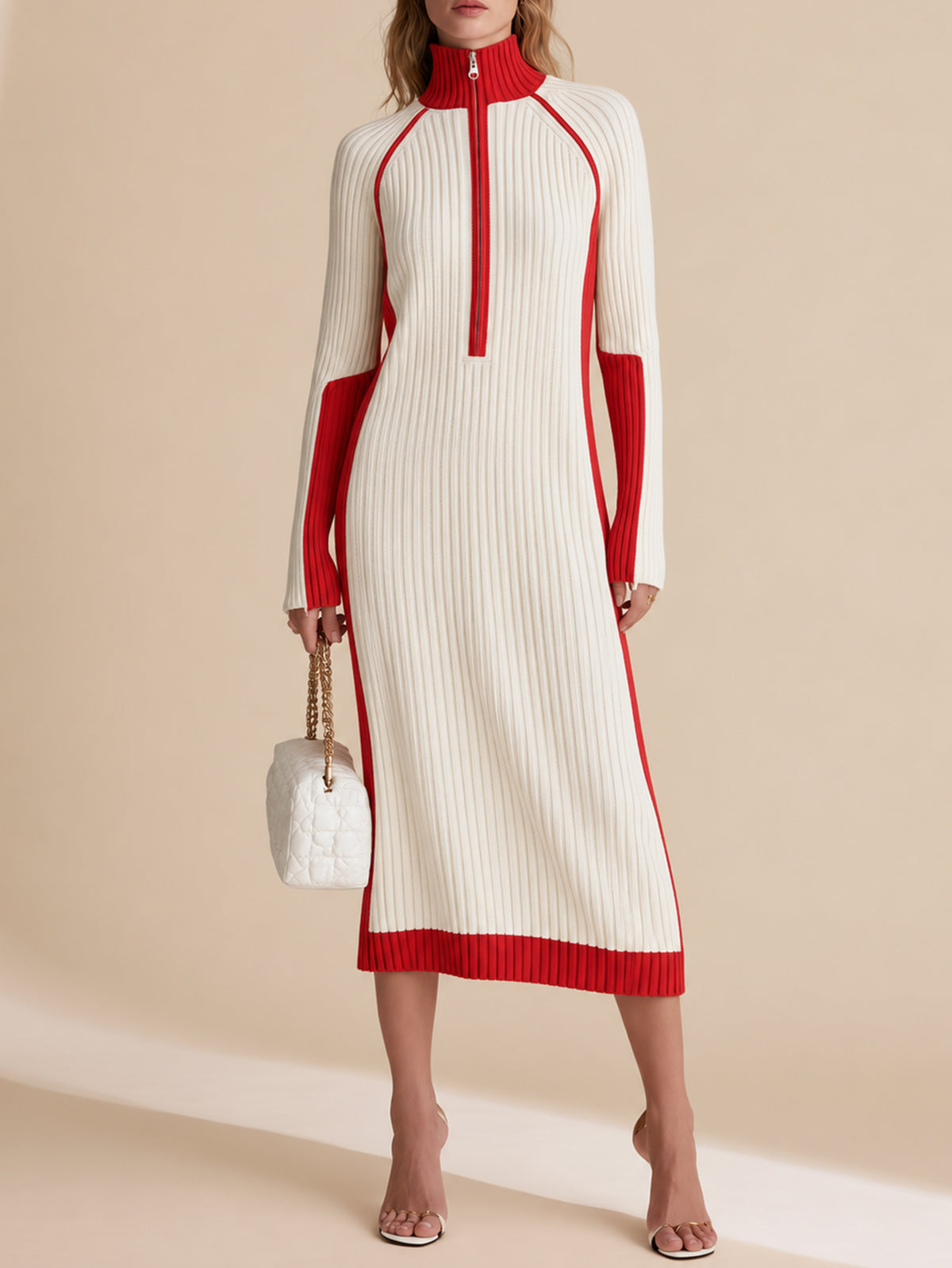 Red And White Color-block Long Dress With A Zip Collar