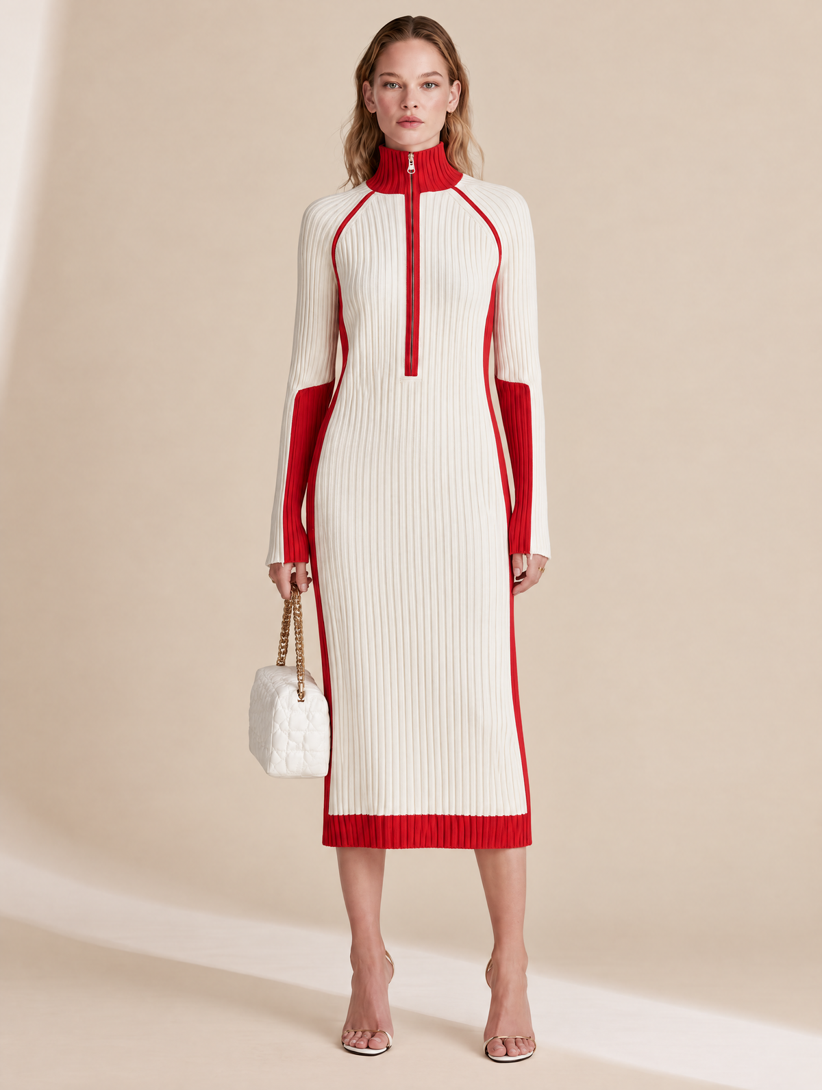 Red And White Color-block Long Dress With A Zip Collar
