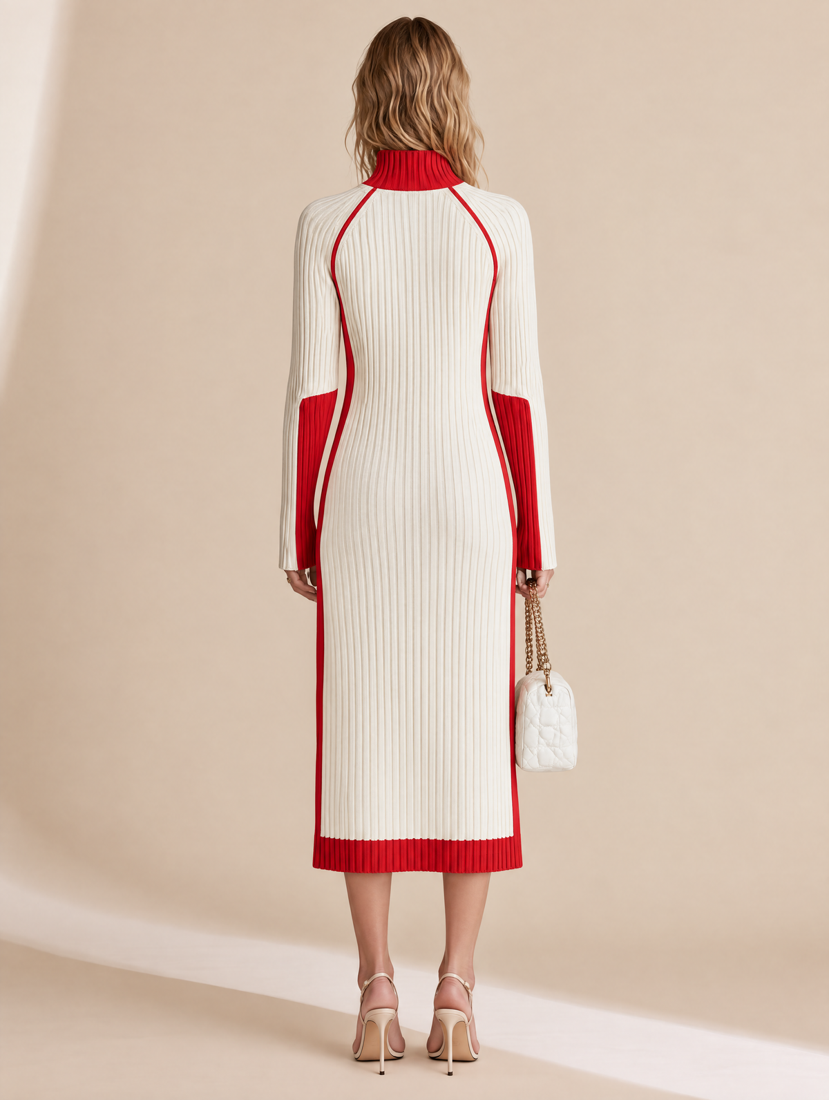 Red And White Color-block Long Dress With A Zip Collar