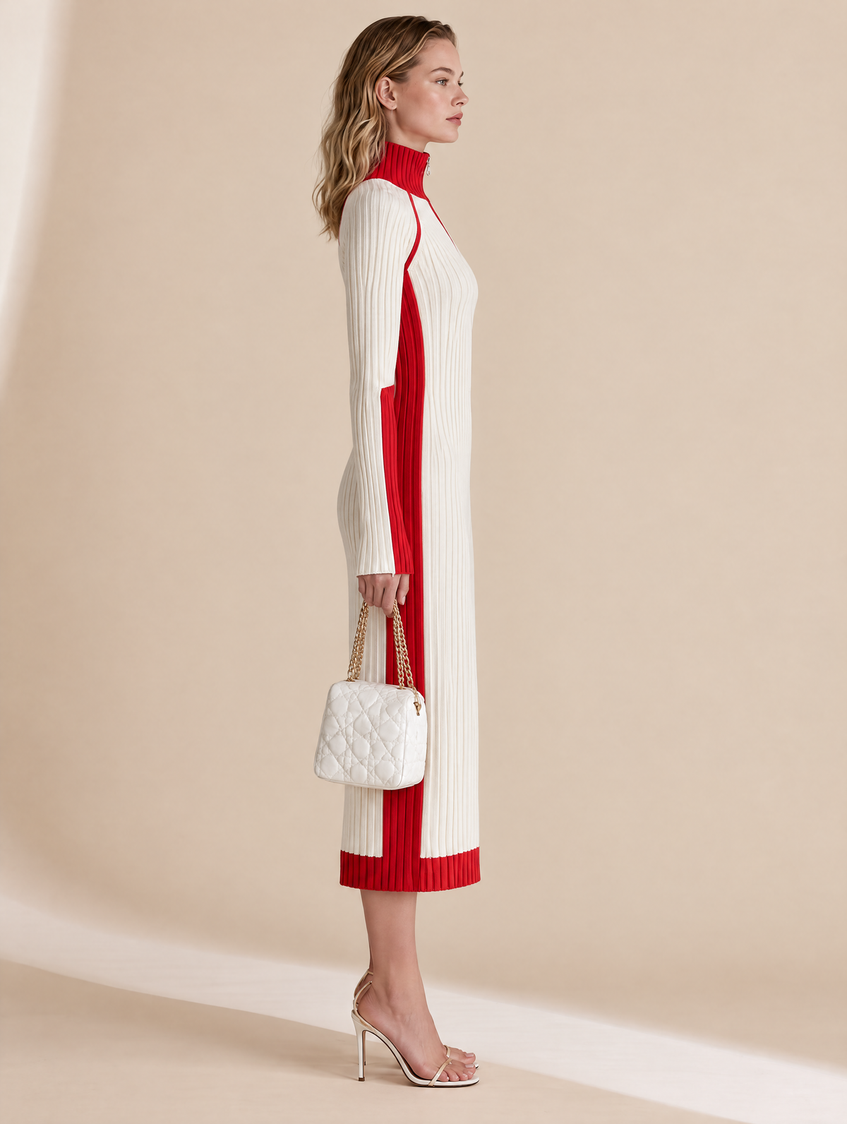 Red And White Color-block Long Dress With A Zip Collar