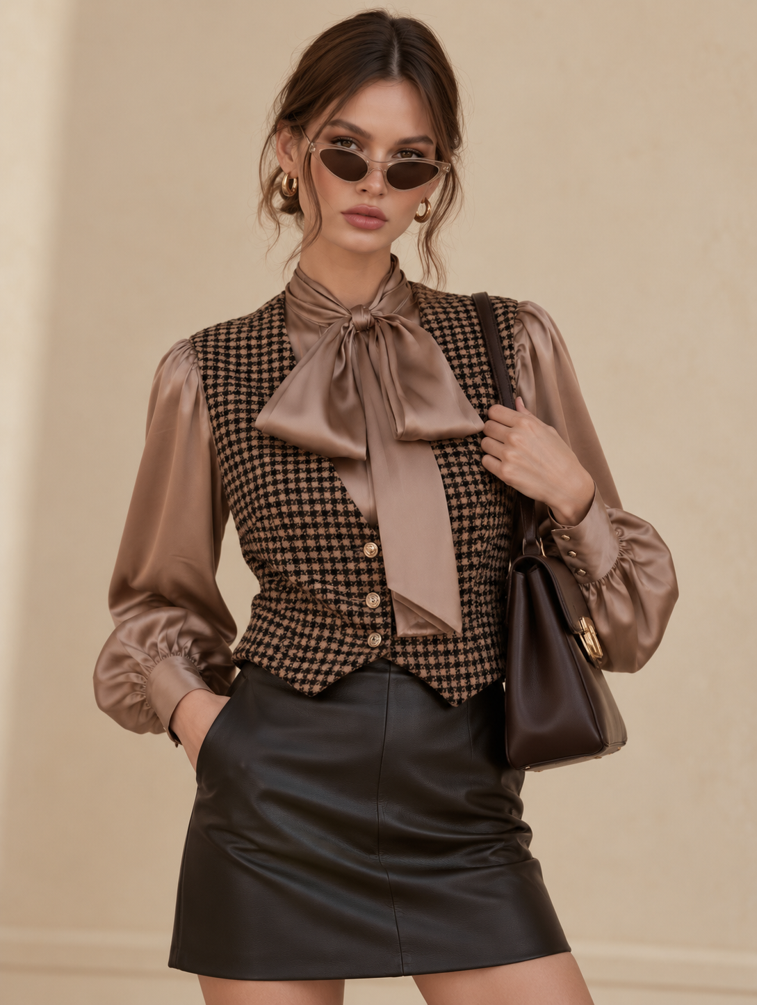 Two-in-one Style Top Featuring A Bow-tie Collar Shirt And A Houndstooth Vest