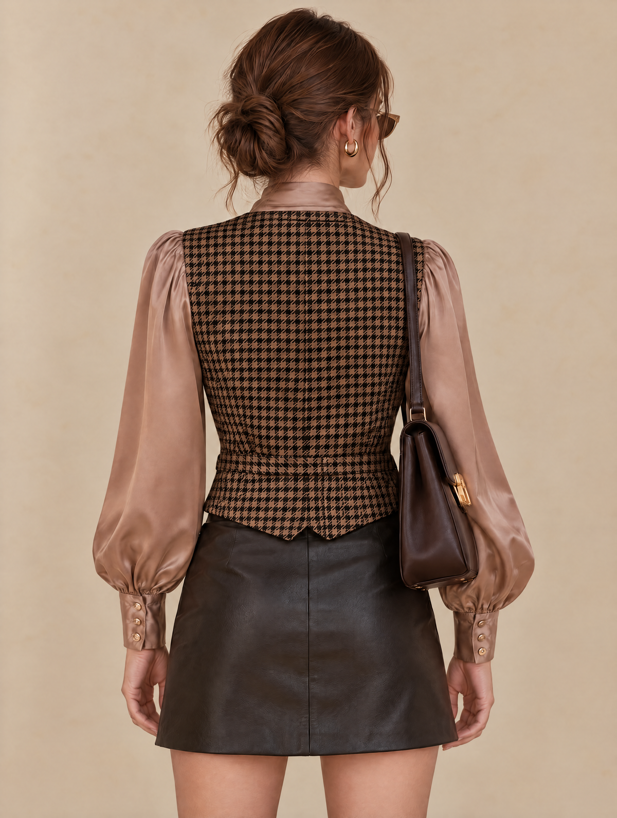 Two-in-one Style Top Featuring A Bow-tie Collar Shirt And A Houndstooth Vest