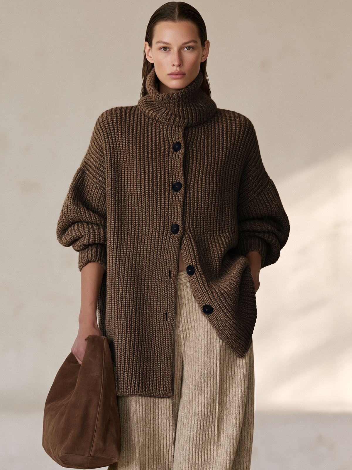 Coffee Brown Turtleneck Cardigan