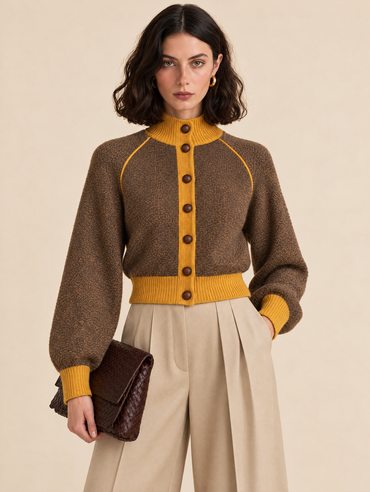 Brown Marled Cropped Cardigan With Mustard Trim