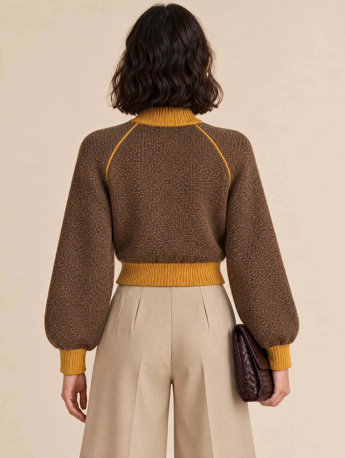 Brown Marled Cropped Cardigan With Mustard Trim