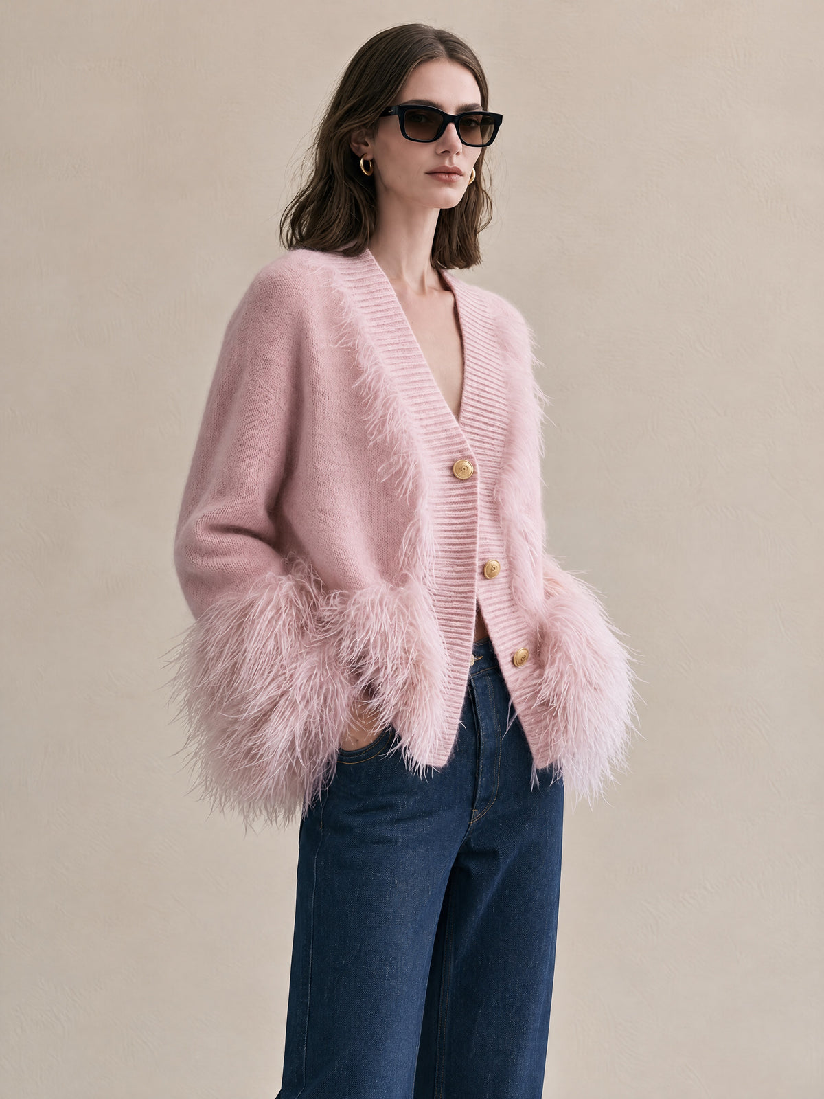 Light Pink Fuzzy Trim Knit Cardigan