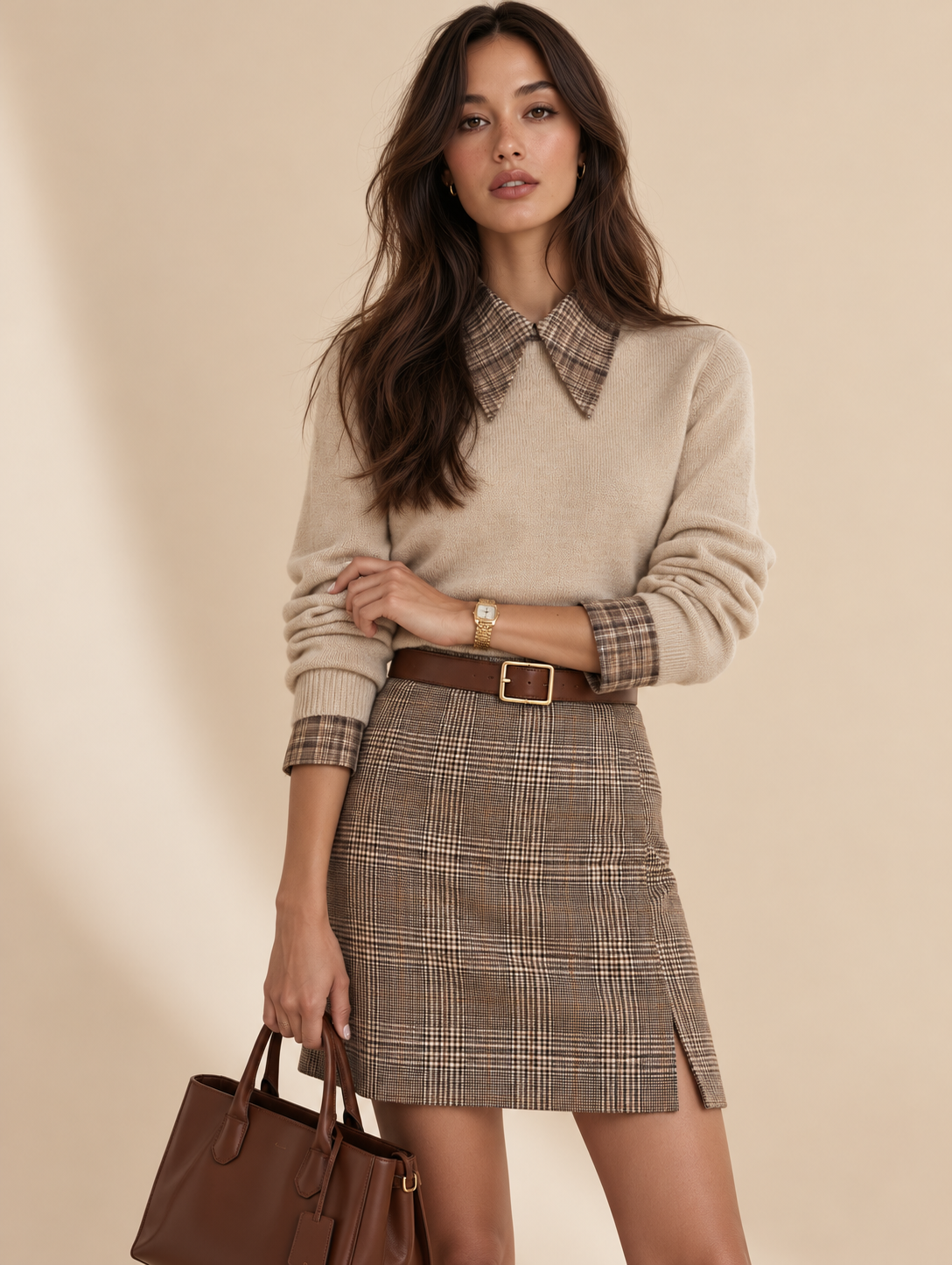 Oatmeal Knit Sweater With Plaid Collar And Cuffs