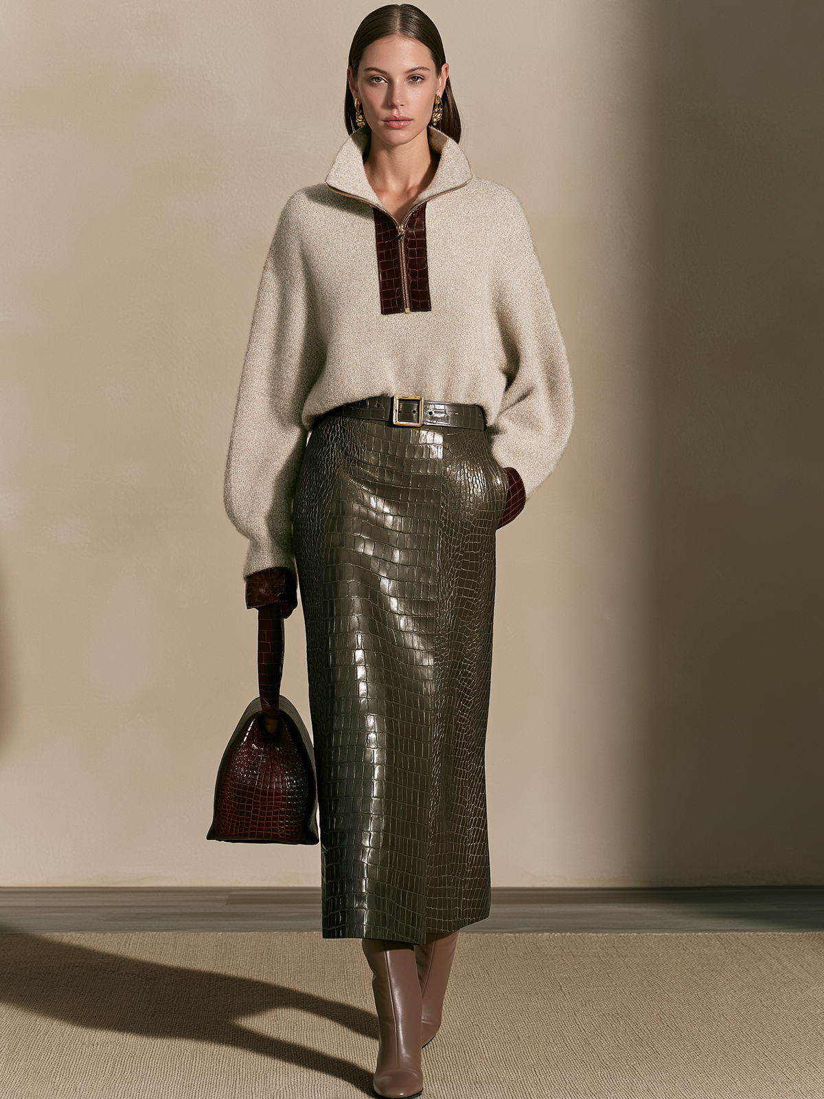 Olive Green Croc Embossed Faux Leather Midi Skirt