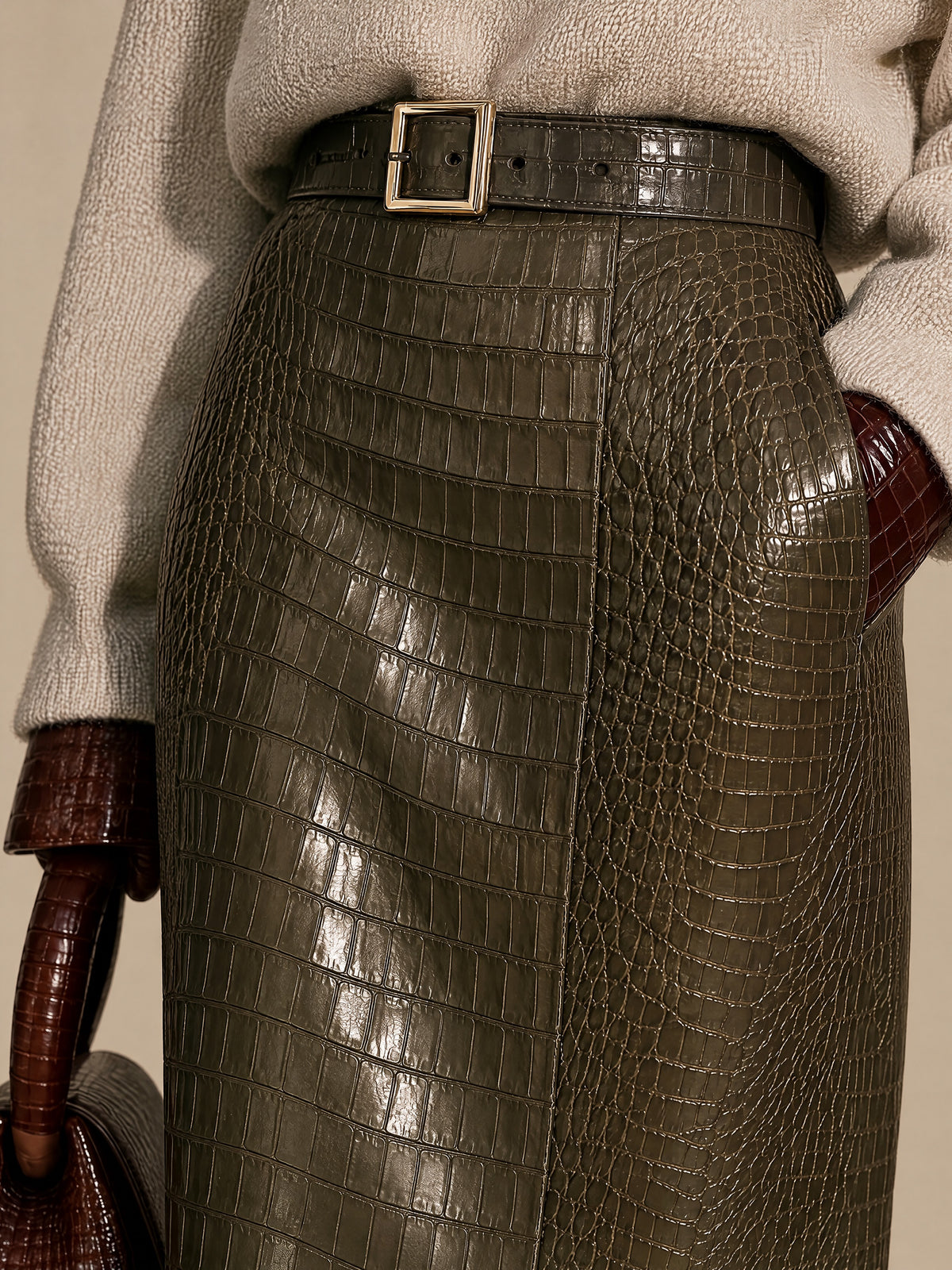 Olive Green Croc Embossed Faux Leather Midi Skirt