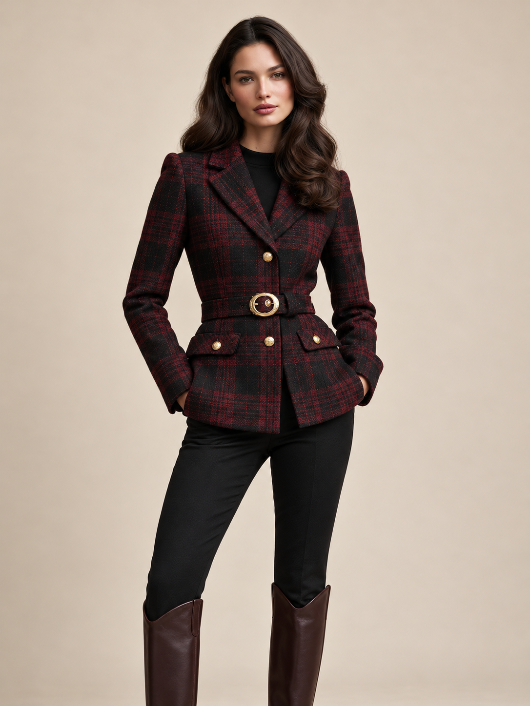 Red Plaid Blazer With A Cinched Waist