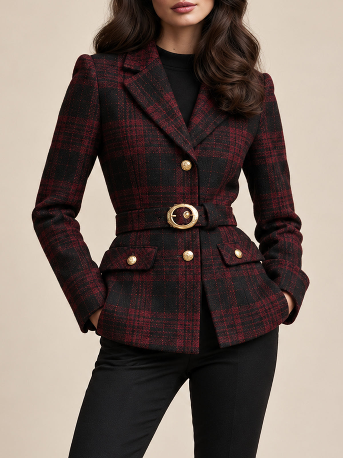 Red Plaid Blazer With A Cinched Waist