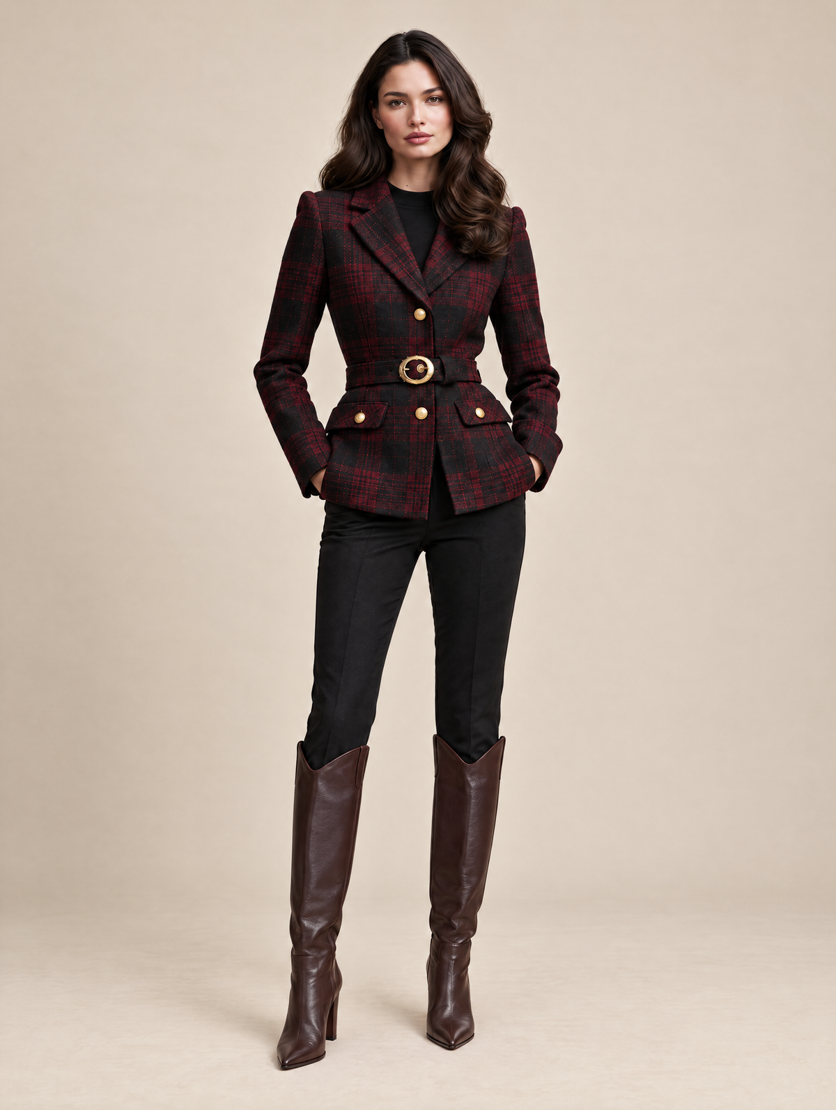 Red Plaid Blazer With A Cinched Waist