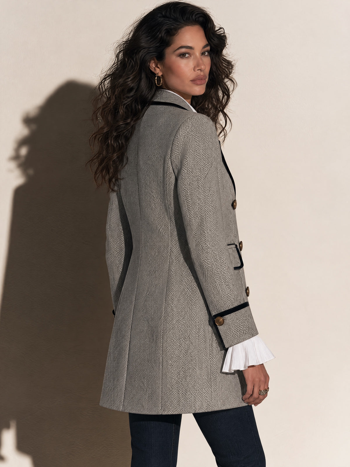 Grey Herringbone Trimmed Double Breasted Coat