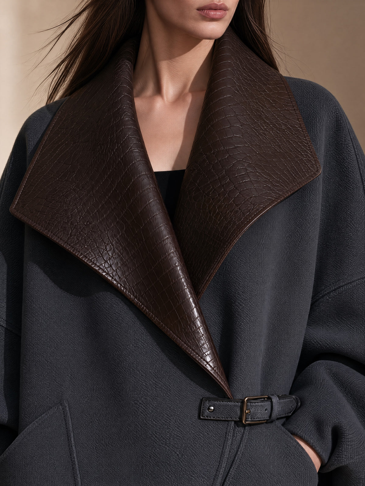 Charcoal Grey Brown Faux Leather Lapel Collar Coat Outerwear
