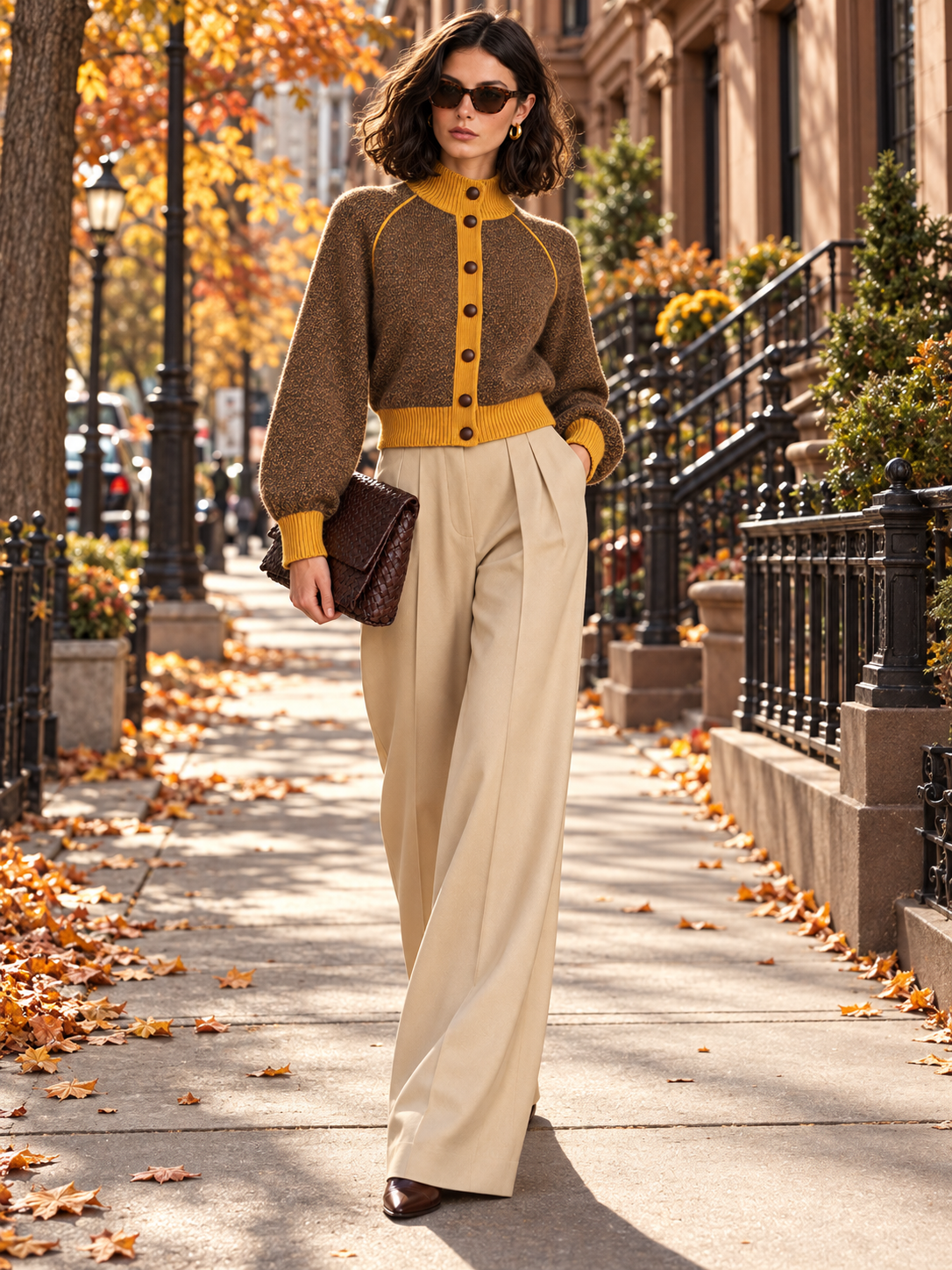Brown Marled Cropped Cardigan With Mustard Trim