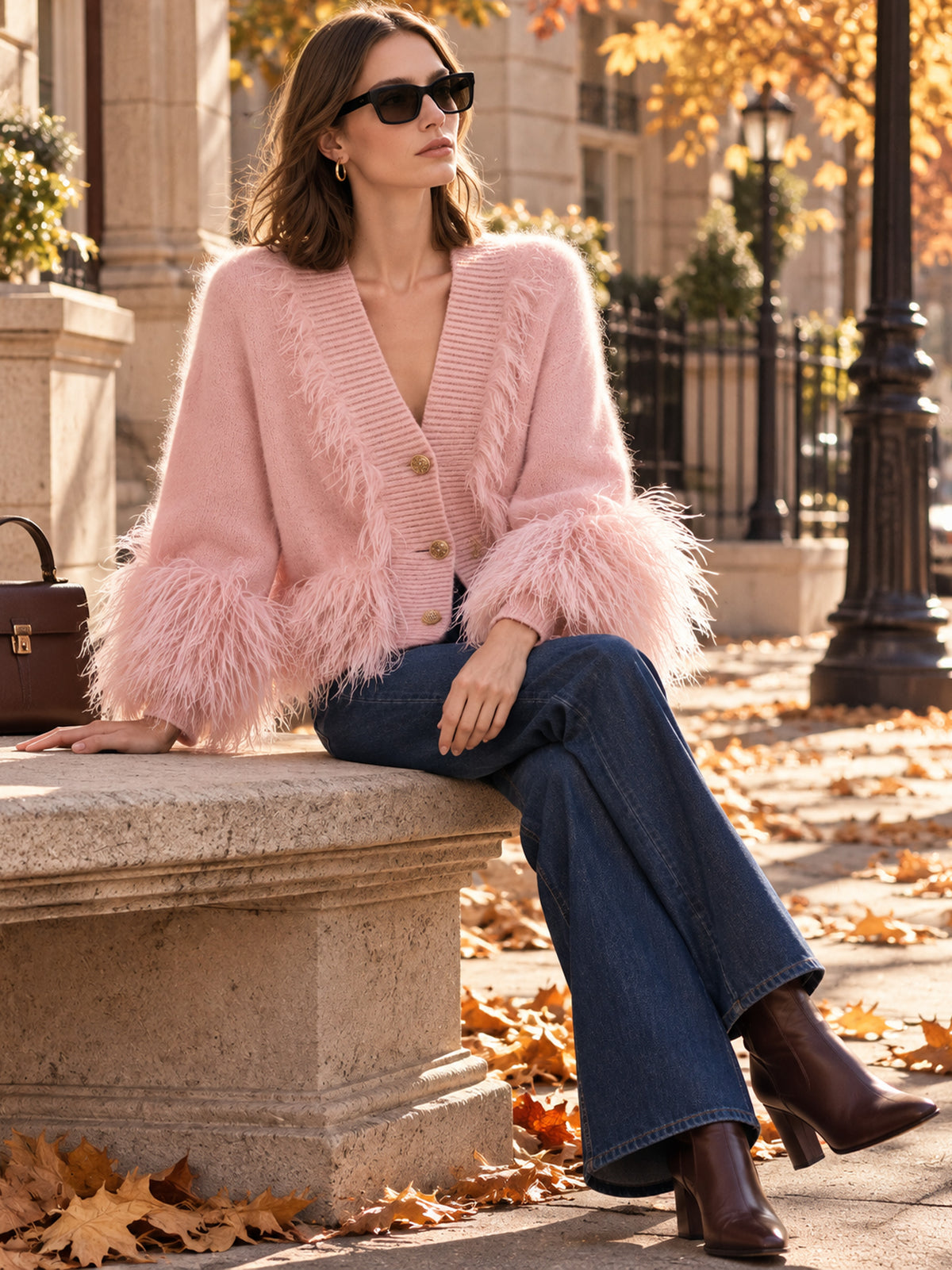 Light Pink Fuzzy Trim Knit Cardigan