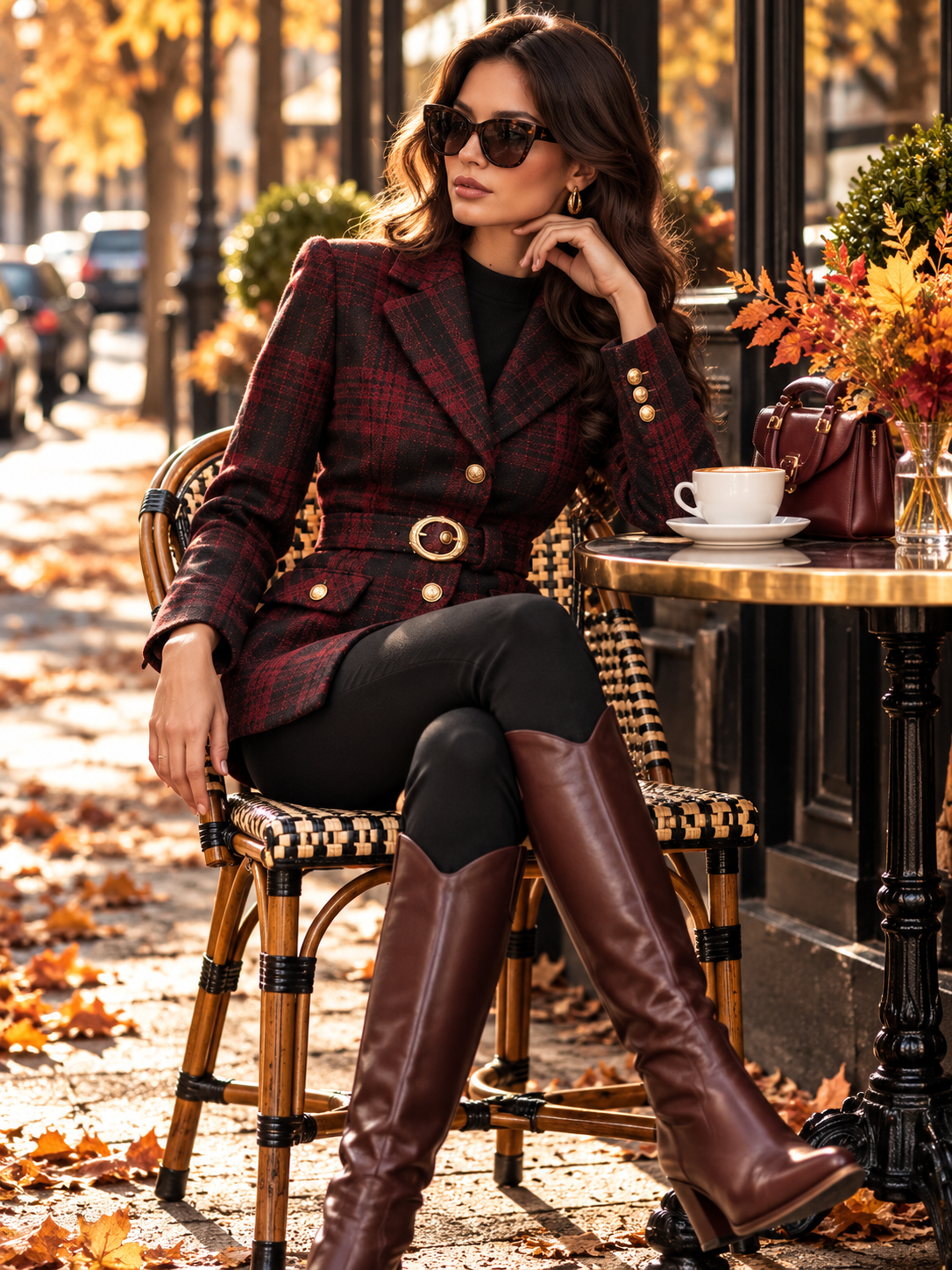 Red Plaid Blazer With A Cinched Waist