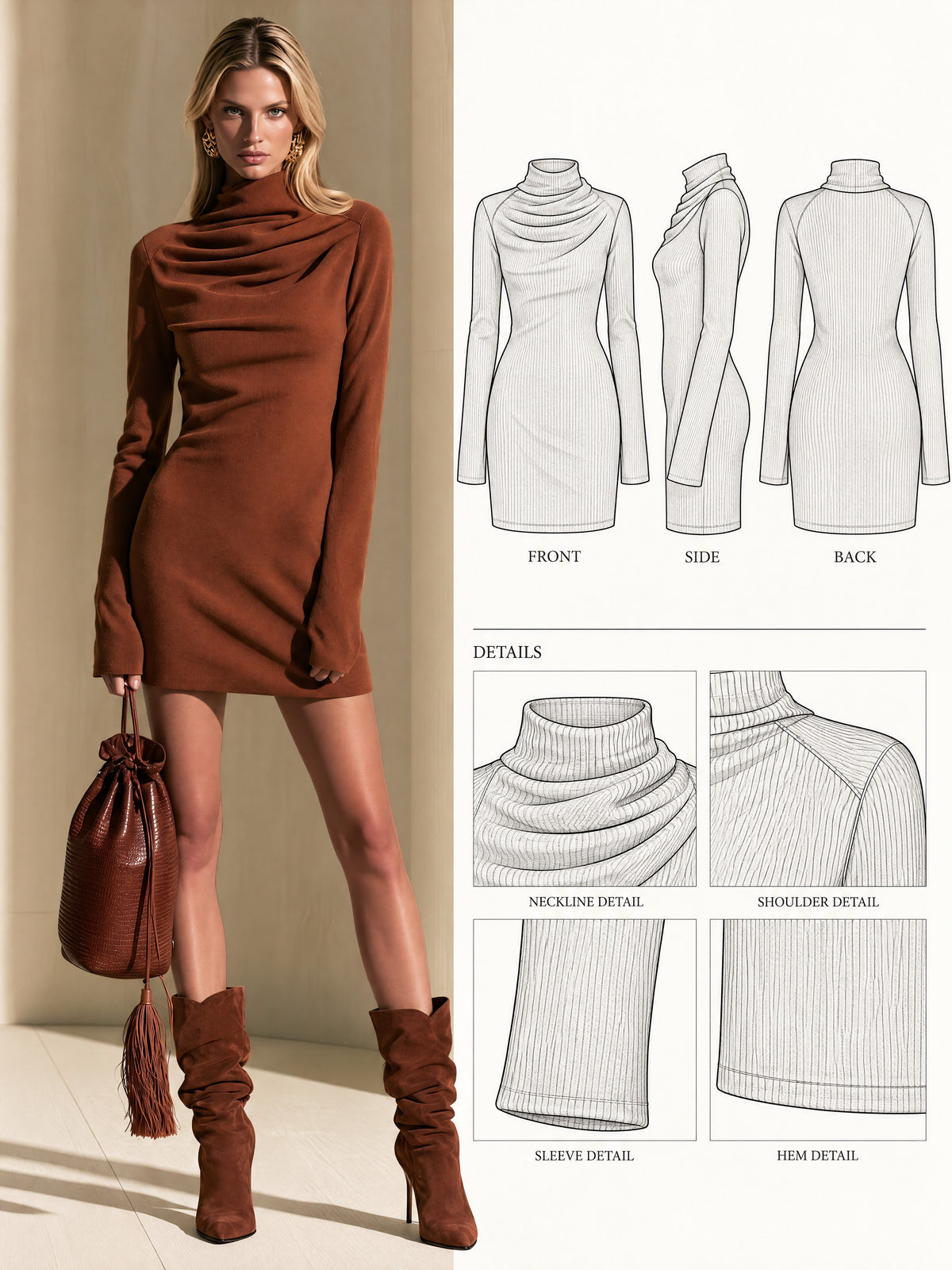 Rust Brown Knit Cowl-Neck Long-Sleeve Mini Dress