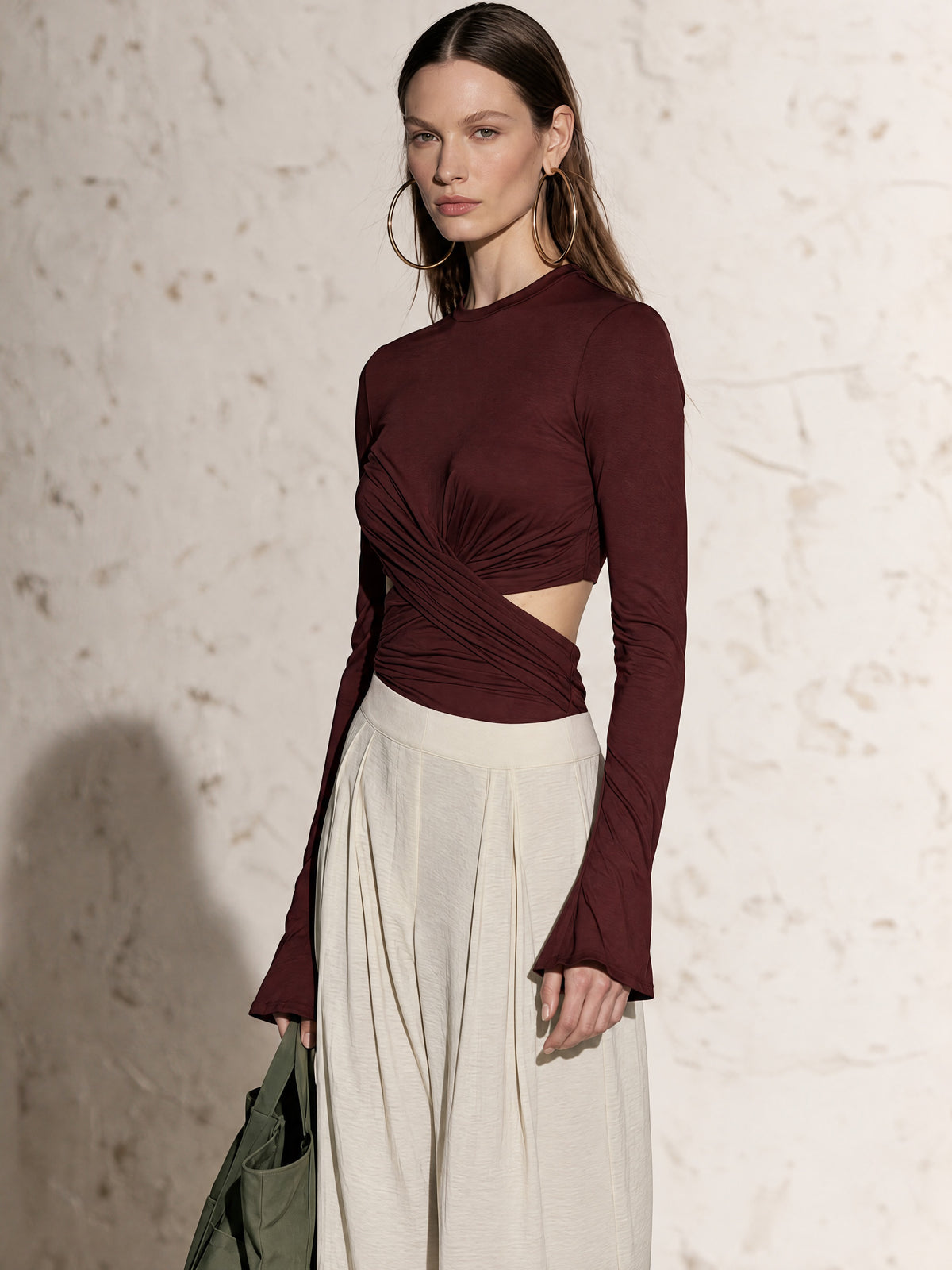 Burgundy Cross Wrap Long Sleeve Knit Top