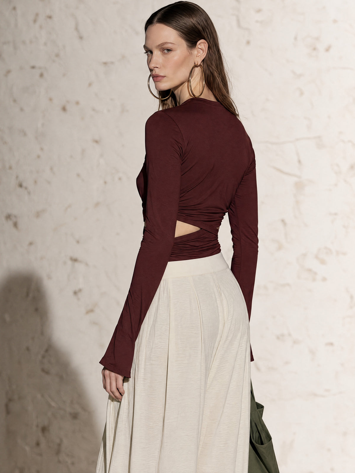 Burgundy Cross Wrap Long Sleeve Knit Top
